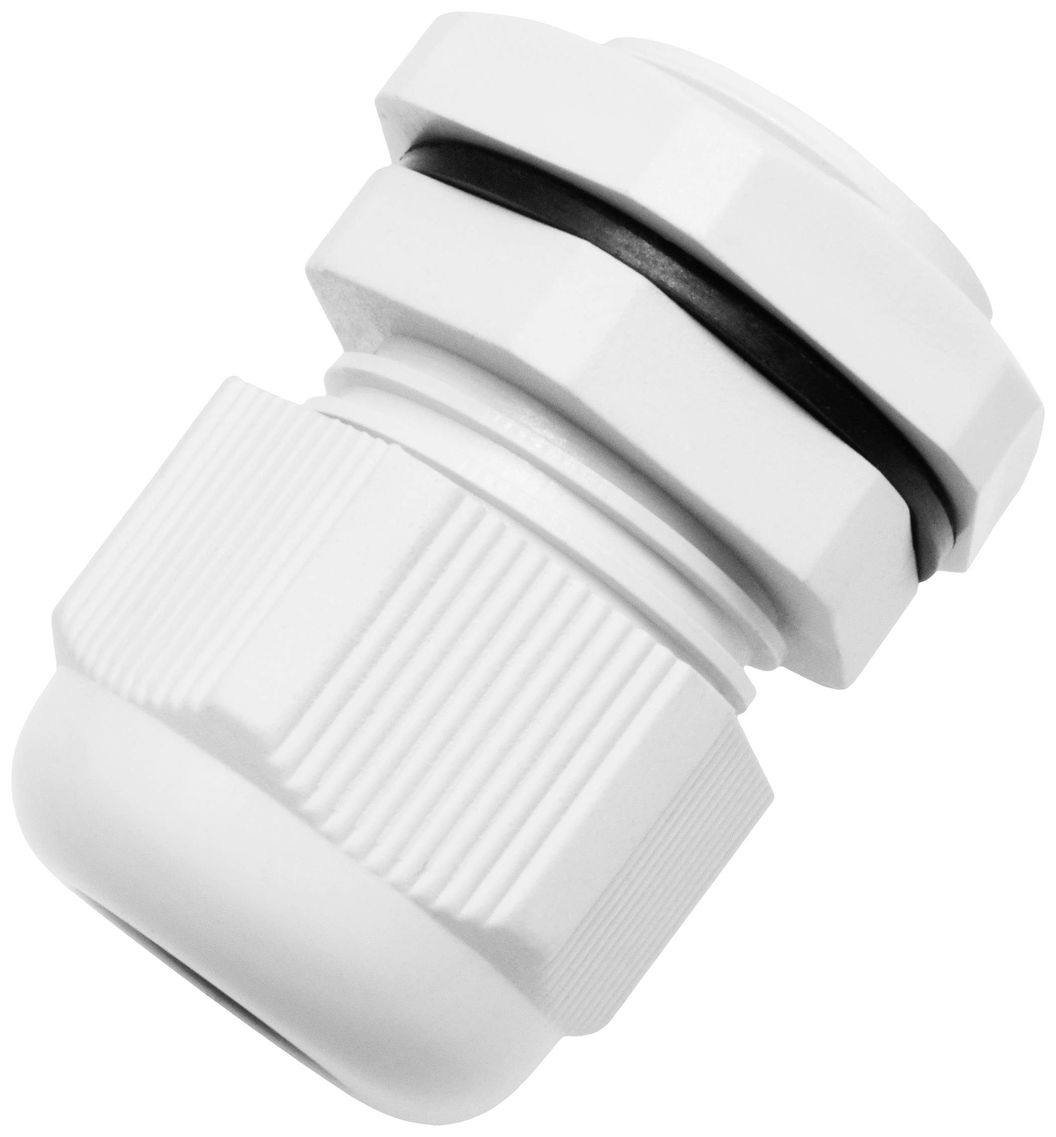 Kabelverschraubung aus weißem Kunststoff, zylindrische Form mit Schraubgewinde, Dichtung für Kabeldurchführung, seitlich liegend.