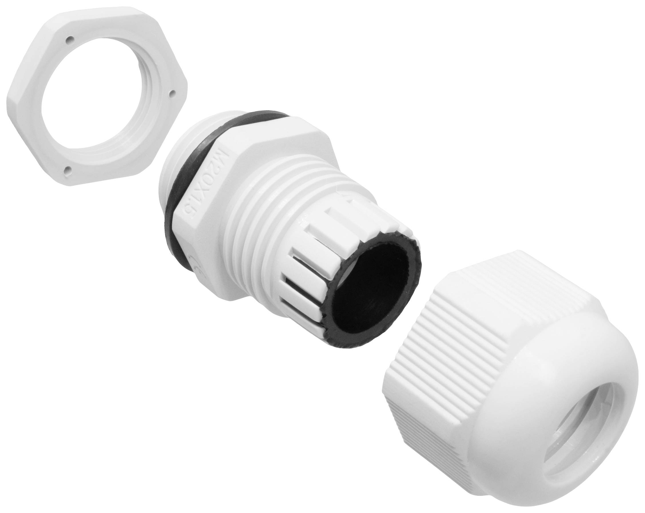 Ein weißer Kabelverschraubungssatz ist in drei Teile zerlegt: eine Mutter, ein Hauptgewinde mit Dichtungsring und eine äußere Kappe.