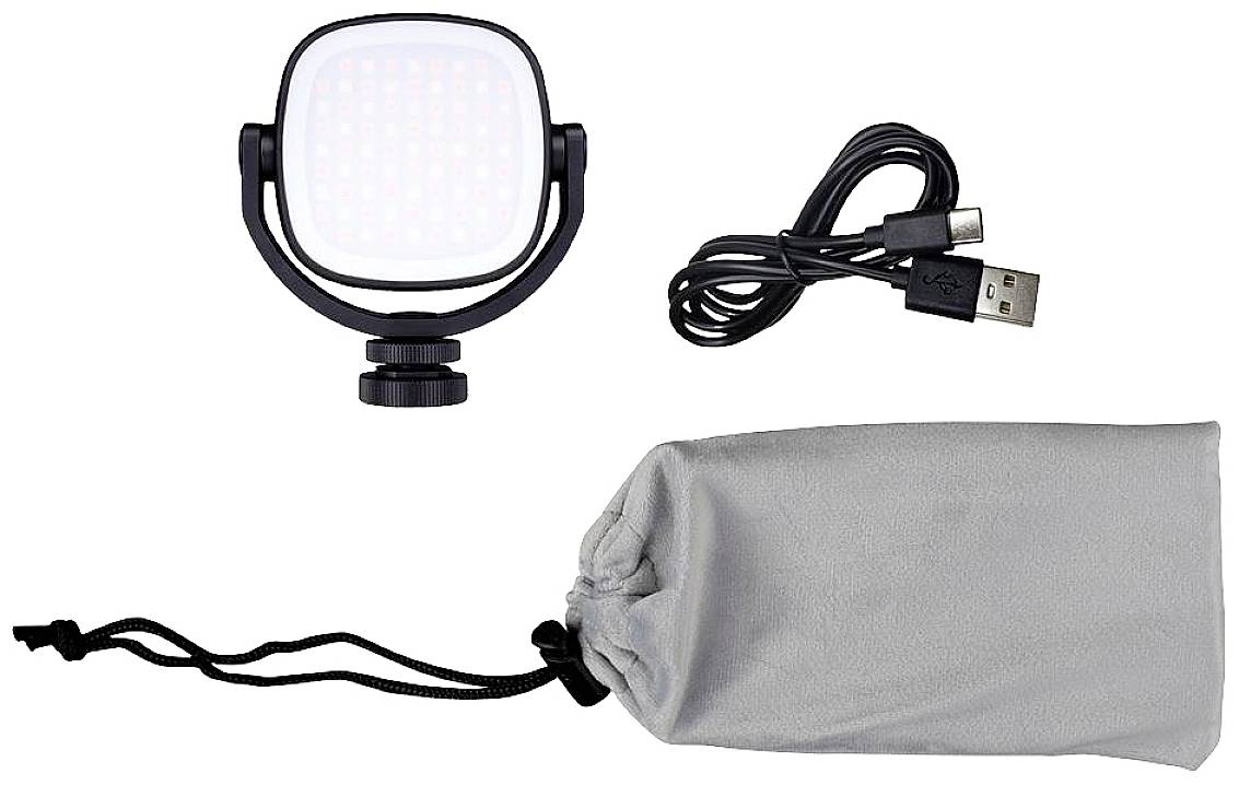 LED-Licht mit Stativ, USB-Kabel und grauem Stoffbeutel. Ideal für Fotografie oder Videodrehs zur Ausleuchtung von Motiven.