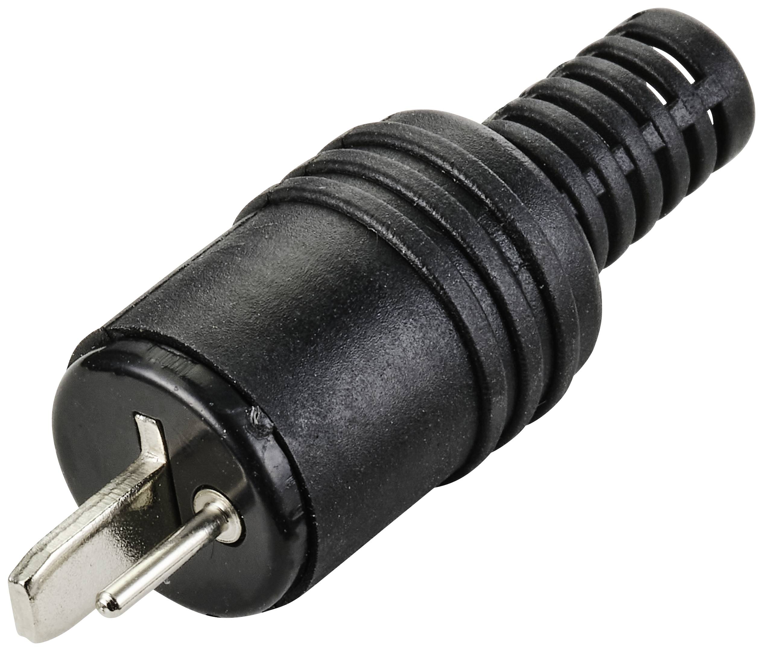 Ein schwarzer Klinkenstecker mit metallischer Spitze, häufig für elektronische Verbindungen verwendet.