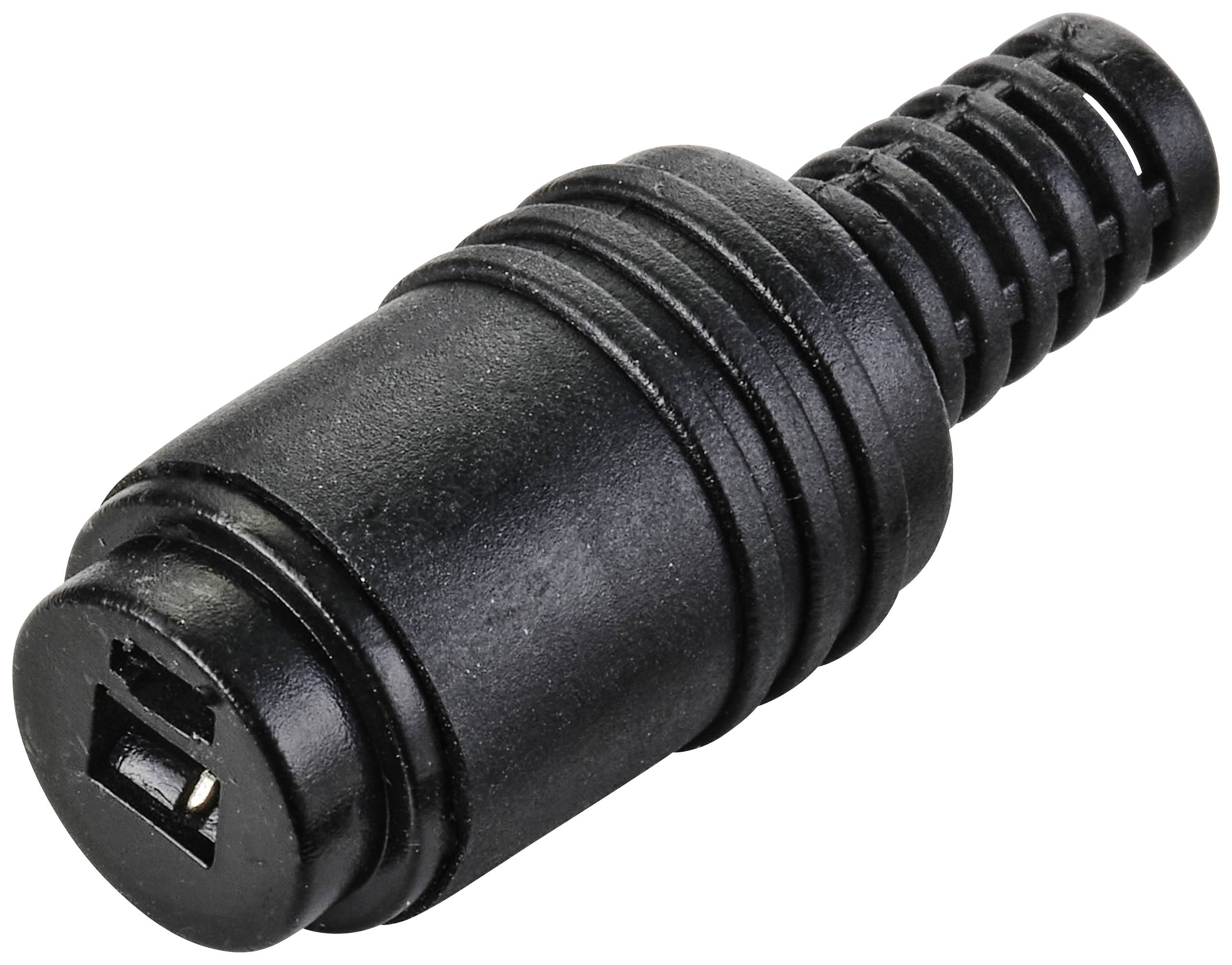 Schwarzer Rundsteckeradapter mit Kabelbefestigung. Verwendet für elektrische Verbindungen in verschiedenen Geräten und Anwendungen.