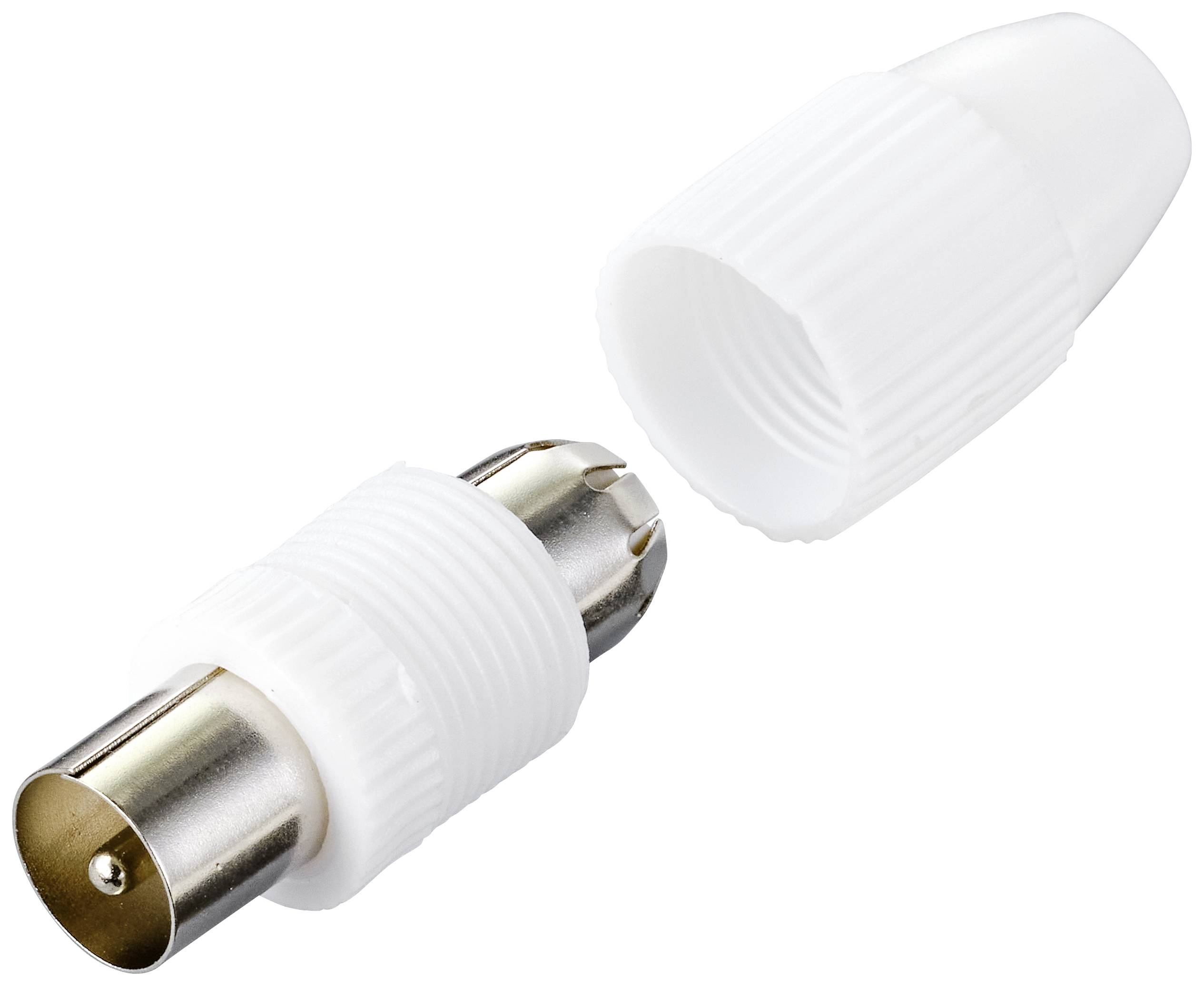 Weißer Antennenstecker mit abnehmbarer Kappe, zeigt den Metallkontakt. Geeignet für TV- oder Radioanschlüsse.