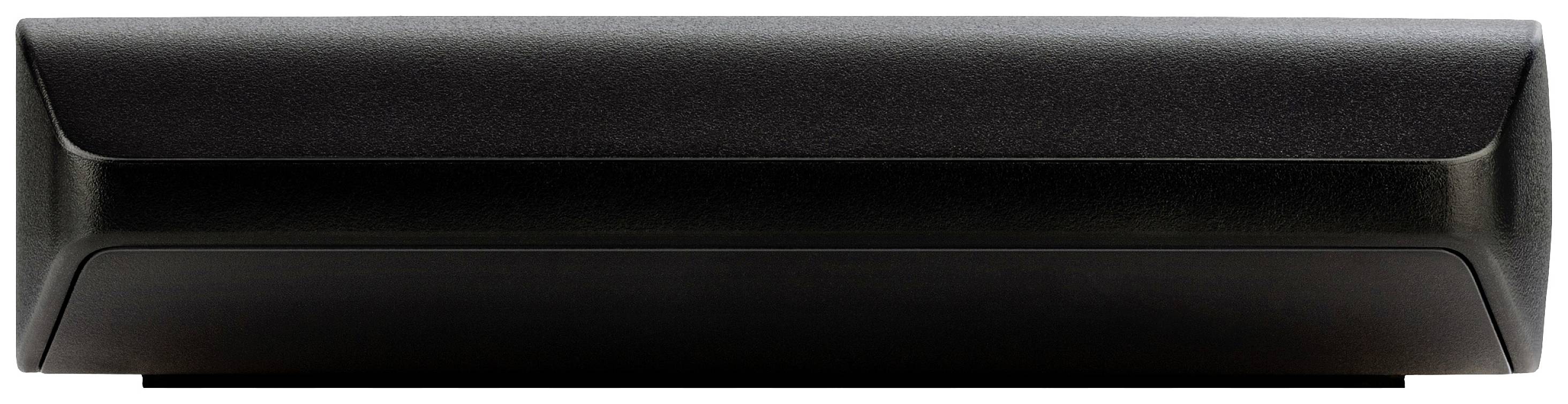 Eine schwarze Soundbar mit schlichtem, modernem Design, waagerecht positioniert. Sie hat abgerundete Kanten und eine glatte Oberfläche.
