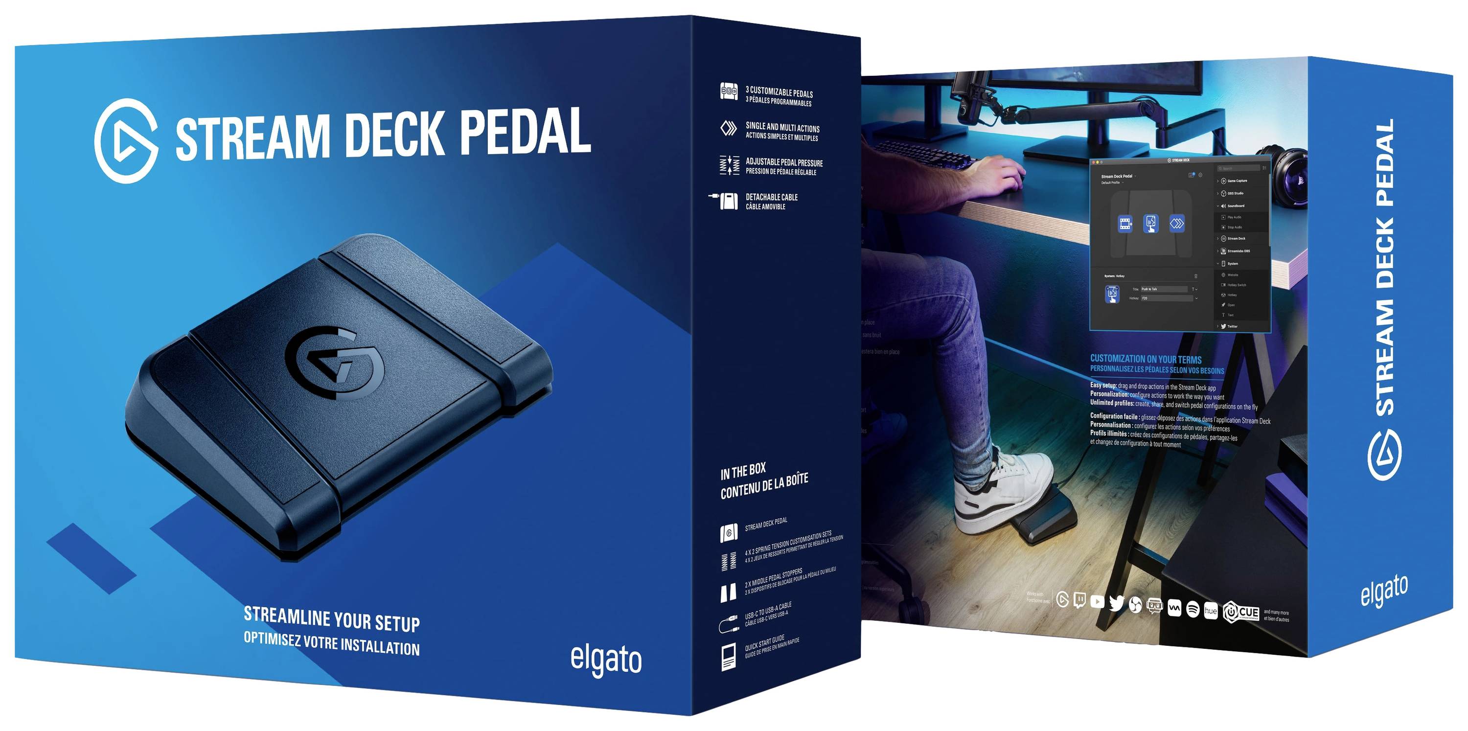 'Stream Deck Pedal' Verpackung mit der Abbildung eines Pedals. Slogan: 'Streamline Your Setup'. Zeigt Einrichtung in einem Arbeitszimmer.