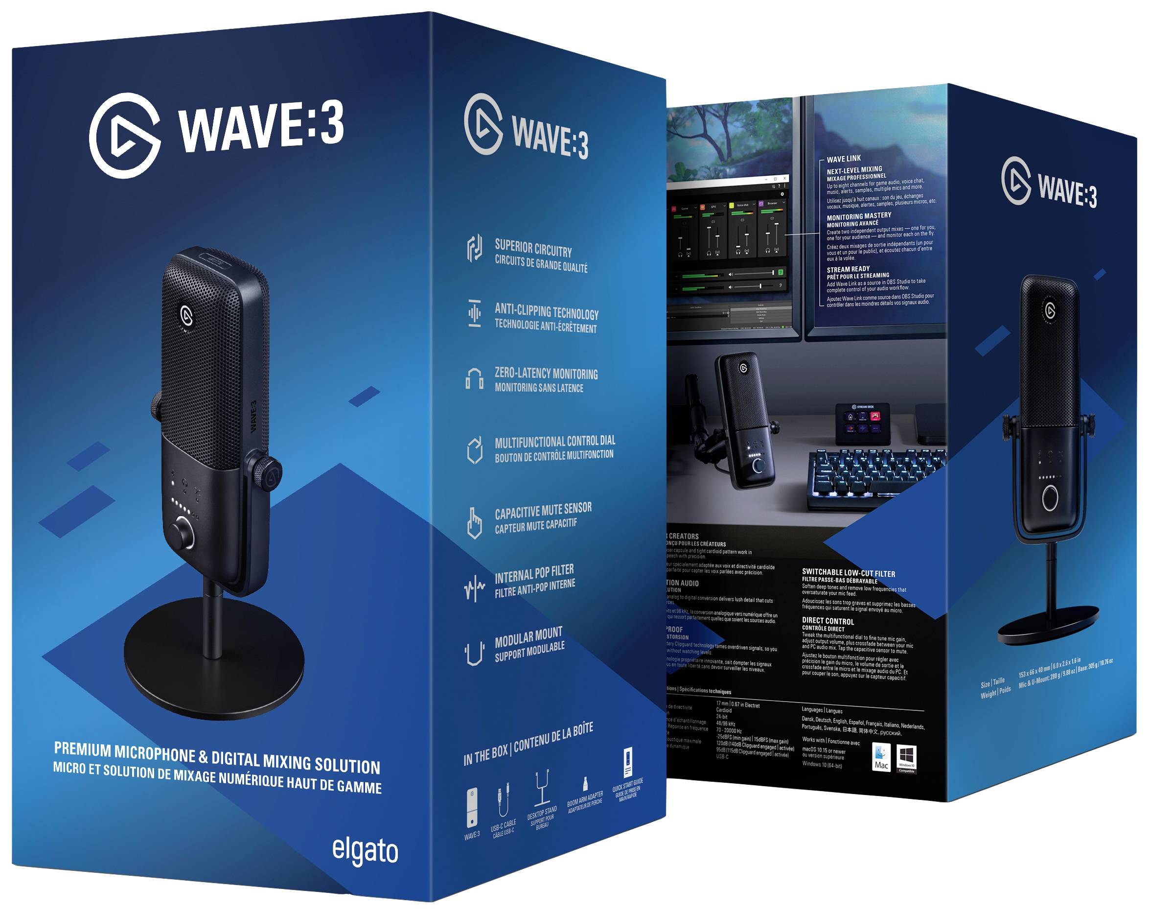Verpackung des 'Wave:3'-Mikrofons von Elgato. Aufdrucke zeigen Produktdetails wie Mikrofon, Software-Kompatibilität und Funktionen.