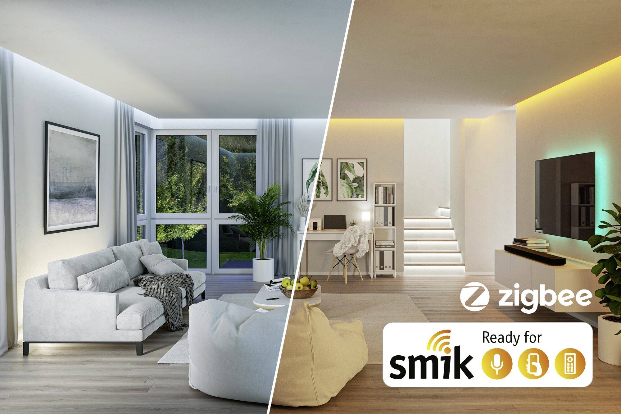 Ein Wohnzimmer mit modernen Möbeln und Lichtern, geteilt in zwei Bereiche: einer mit Tageslicht, der andere mit ambienter Beleuchtung. Logos für Zigbee und smik sind sichtbar.