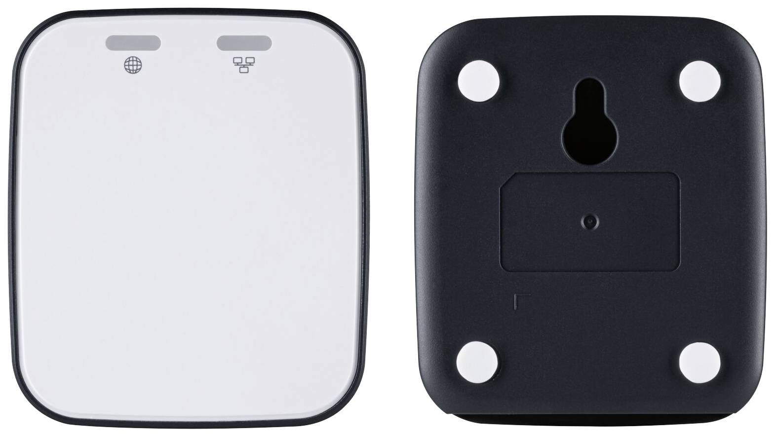 Zwei Ansichten eines weißen elektronischen Geräts mit schwarzen Details, Vorderseite mit Symbolen, Rückseite mit Montageöffnung.