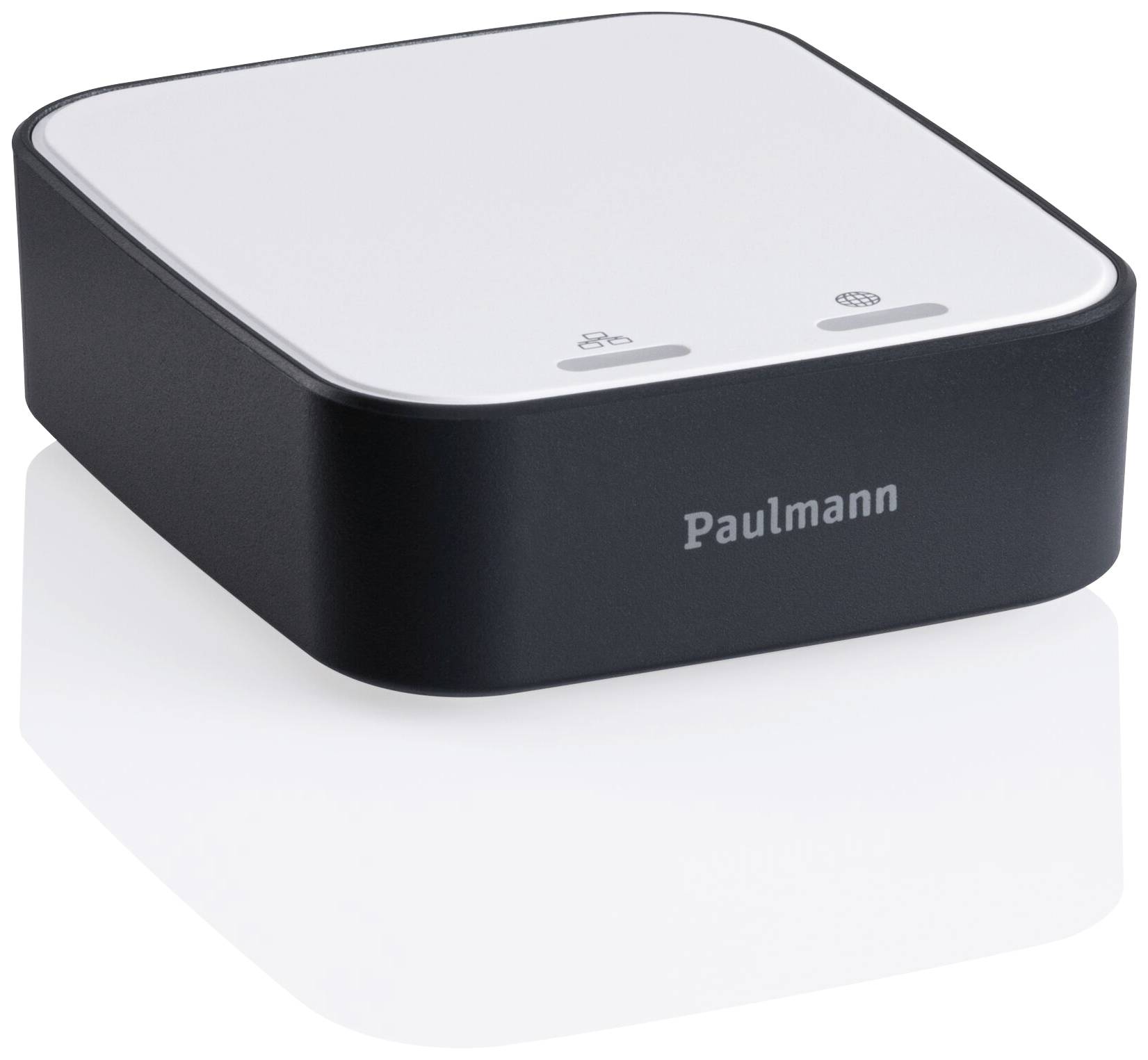 Ein rechteckiger, weißer und schwarzer Smart-Home-Sensor mit dem Branding 'Paulmann'.
