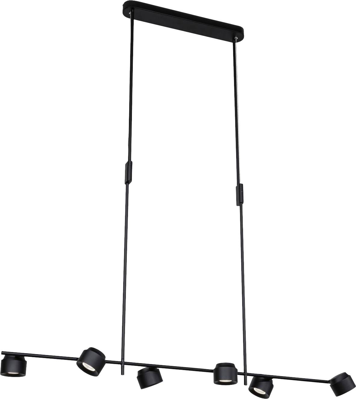 Eine hängende, schwarze Deckenleuchte mit sechs verstellbaren Strahlern an zwei horizontalen Stangen, modern und minimalistisches Design.