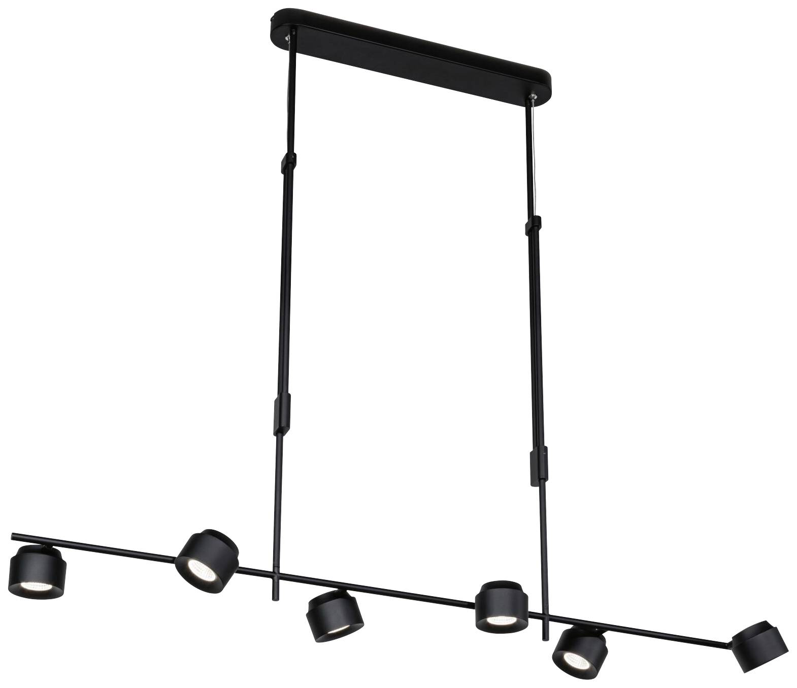 Eine moderne, schwarze Deckenlampe mit sechs verstellbaren LED-Spots an zwei horizontalen Stangen, ideal zur gezielten Beleuchtung.