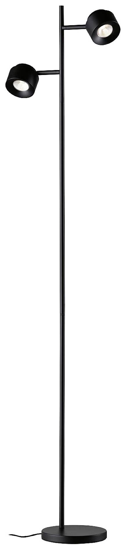 Stehlampe mit zwei verstellbaren, runden Leuchten an einem schlanken, schwarzen Metallstab. Minimalistisches Design für moderne Innenräume.