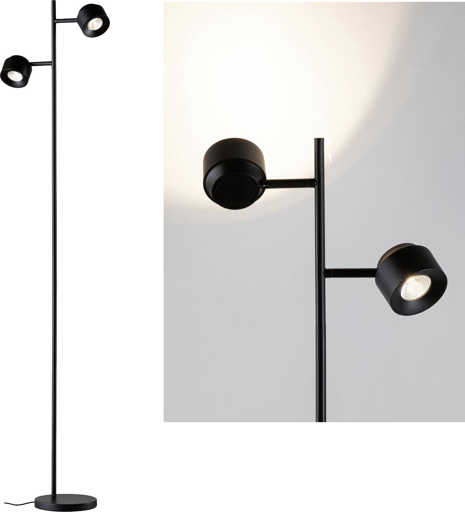 Stehlampe mit schwarzem, schlankem Design und zwei verstellbaren Leuchten. Die Leuchten werfen Licht an die Wand und den Boden.