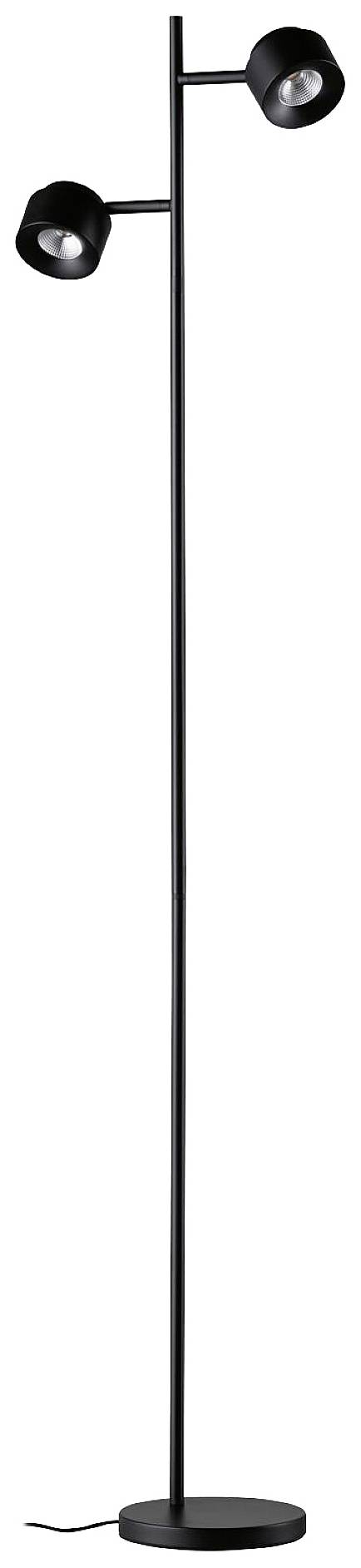 Stehlampe mit schwarzem Metallrahmen und zwei verstellbaren Leuchten, ideal für modernes Wohndesign.