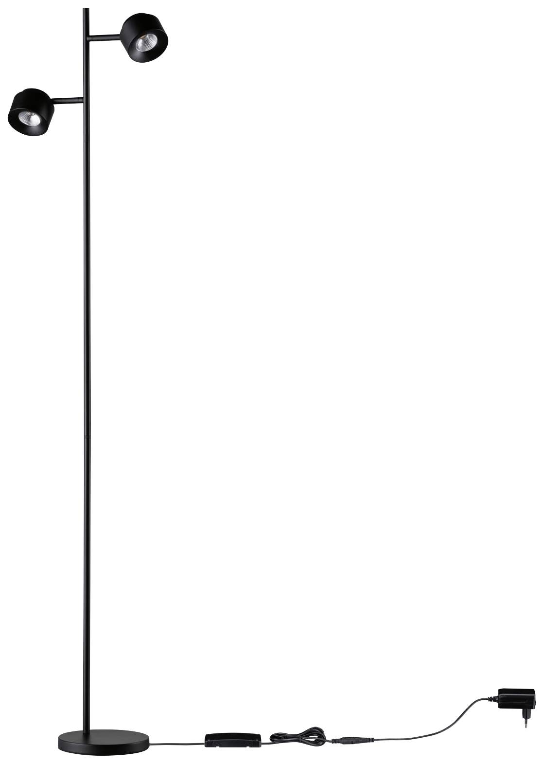 Stehlampe mit zwei verstellbaren runden Leuchten an einem schlanken schwarzen Ständer. Kabel und Stecker sind am Boden sichtbar.