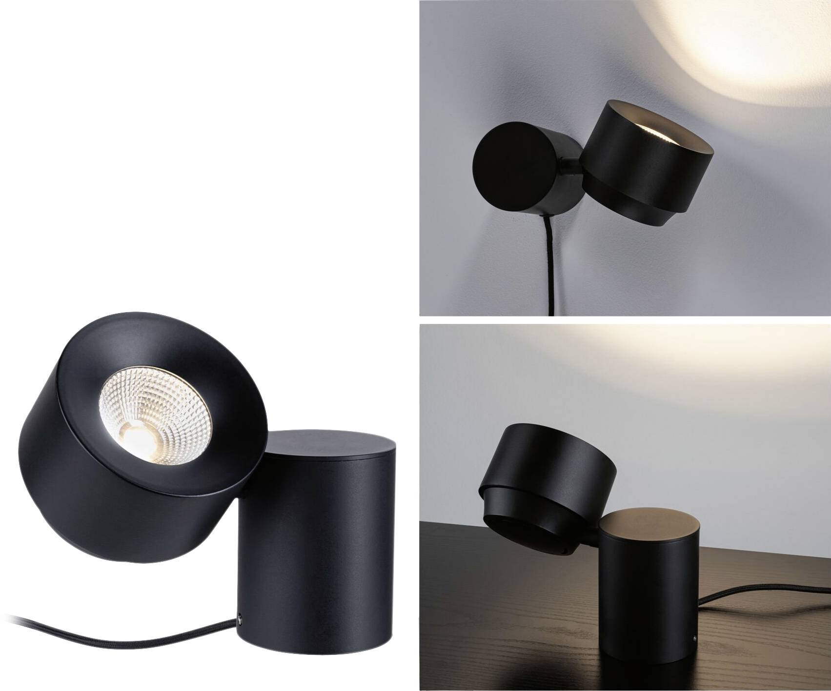 Schwarze, zylindrische, verstellbare Tischleuchte, die warmes Licht abgibt; geeignet für moderne Inneneinrichtung.