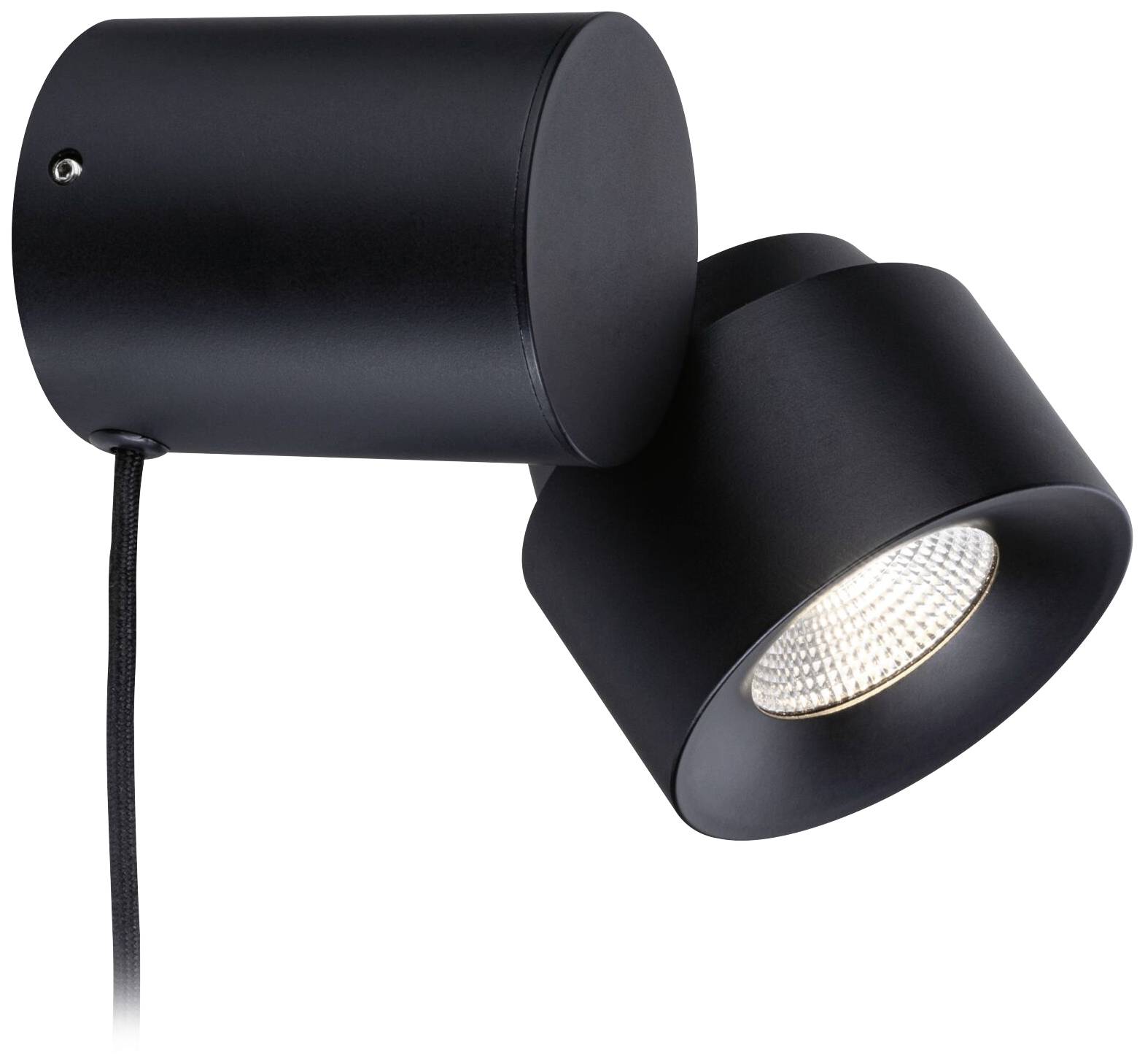 Schwarze, zylindrische Wandlampe mit geneigtem Strahler, zeigt ein modernes, minimalistisches Design.