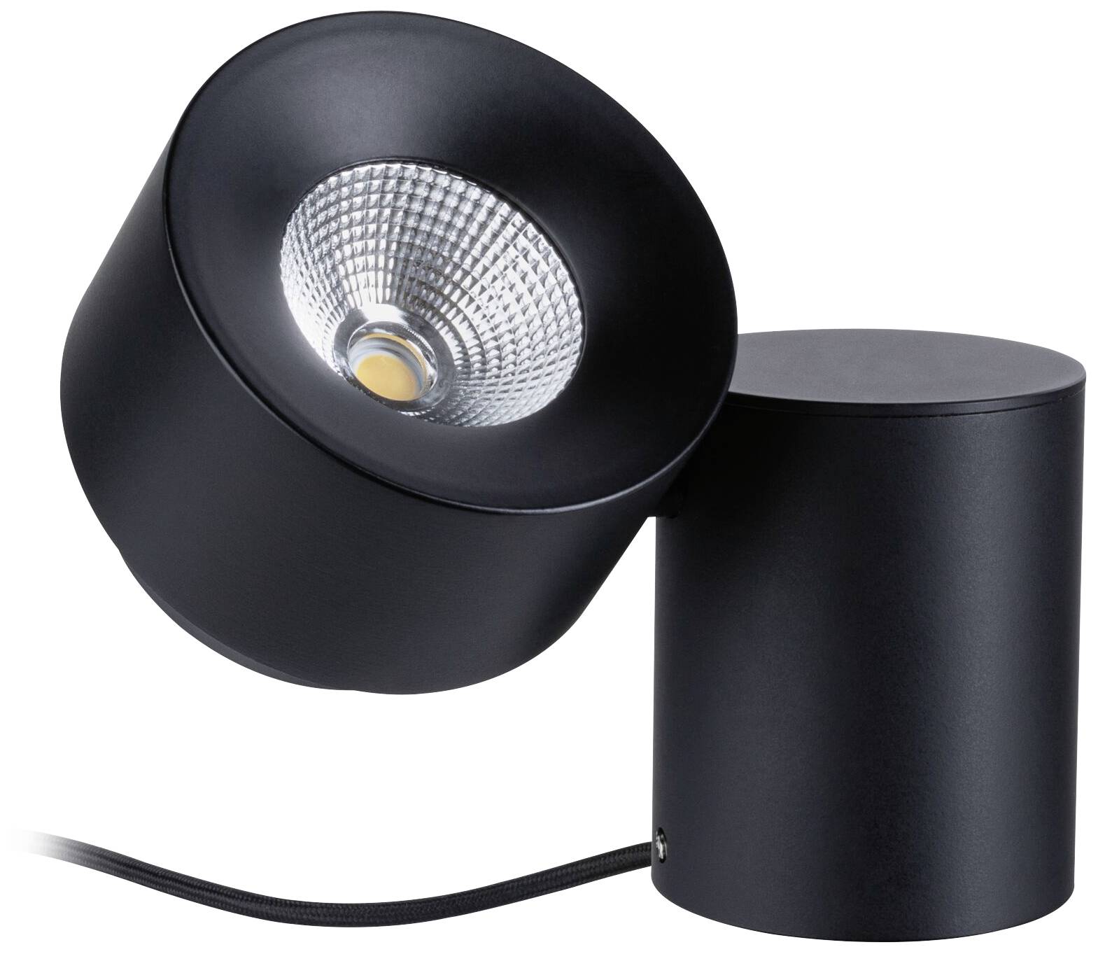 Schwarze Tischlampe mit zylindrischem Fuß und schwenkbarem Lampenschirm; modernes Design, geeignet für direkte Beleuchtung.