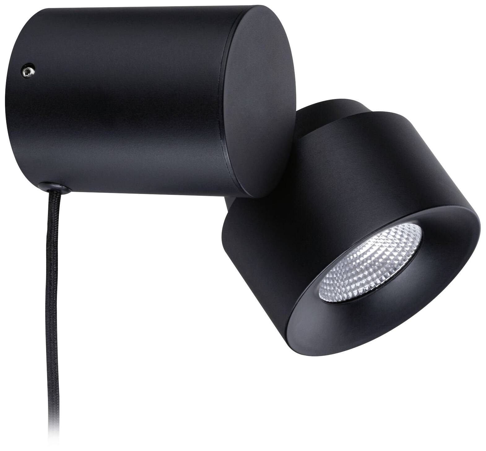 Schwarze, moderne Wandleuchte mit zylindrischem Design, die nach unten gerichtet ist und ein kabelgebundenes Stromkabel zeigt.