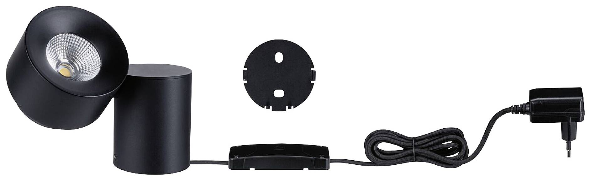 Schwarze LED-Wandleuchte mit rundem Gehäuse, Netzkabel und Montageplatte, geeignet für Innenbeleuchtung.