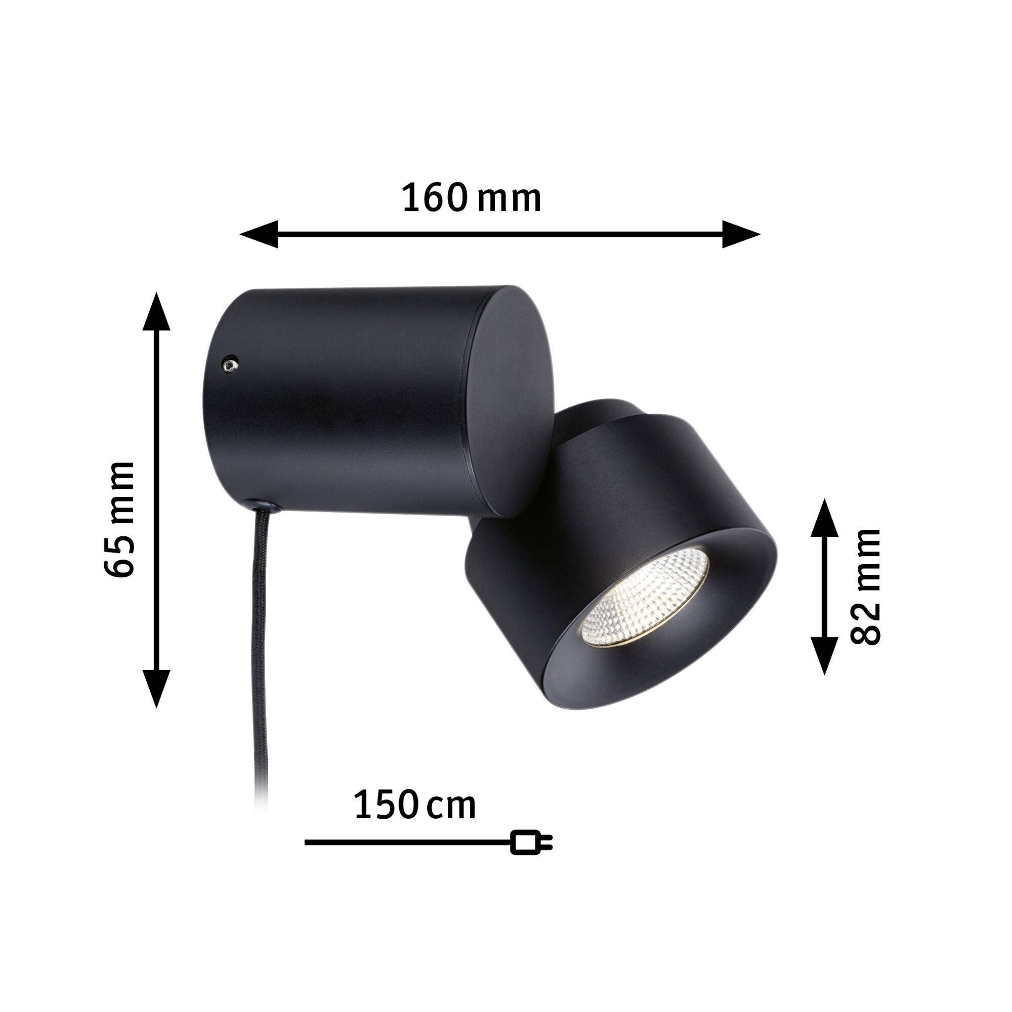 Schwarze Wandlampe mit verstellbarem Kopf, Maße: 160 mm Länge, 82 mm Höhe, 65 mm Breite. Kabel: 150 cm. Moderne, minimalistische Optik.