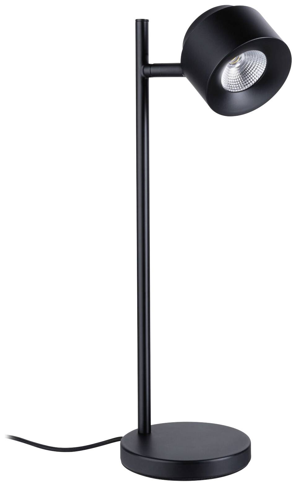 Eine schwarze Tischlampe mit rundem Sockel und verstellbarem Lampenschirm, verbunden durch einen vertikalen Stab.