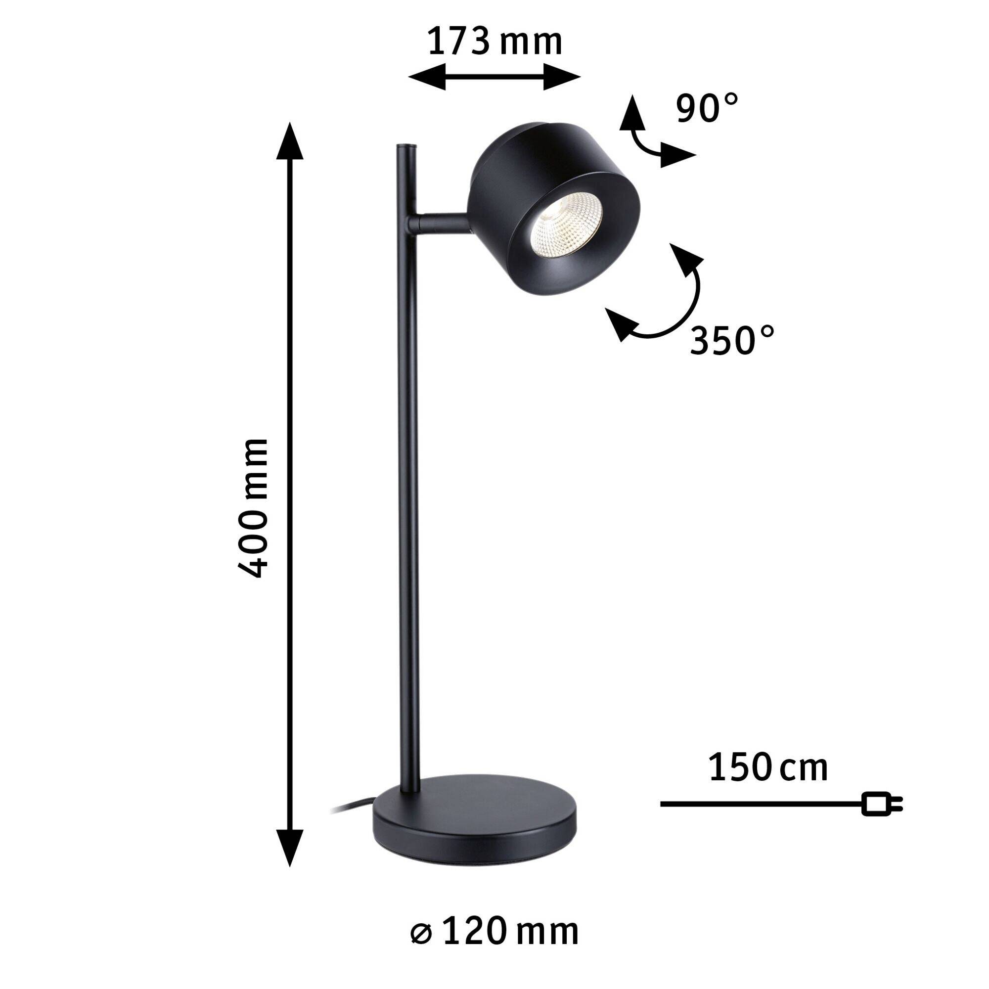 Schwarze Tischlampe, Höhe 400 mm, schwenkbarer Kopf 90° bis 350°, Kabellänge 150 cm, Sockeldurchmesser 120 mm, modernes Design.