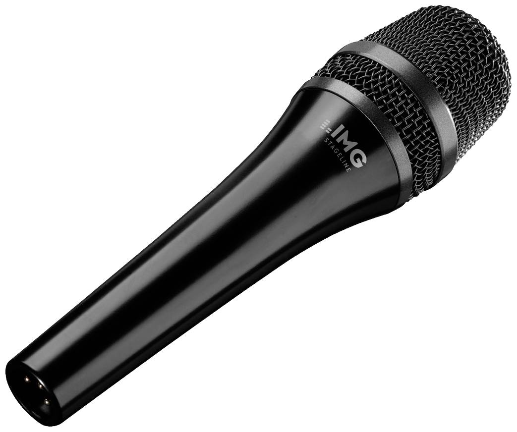 Schwarzes Mikrofon mit IMG-Logo, hoher Kontrast, Drehform, für Audioaufnahmen oder Bühnenauftritte konzipiert.