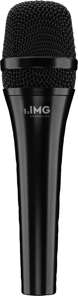 Schwarzes Mikrofon mit Logo 'IMG Stageline' auf dem Griff, geeignet für professionelle Audioanwendungen.