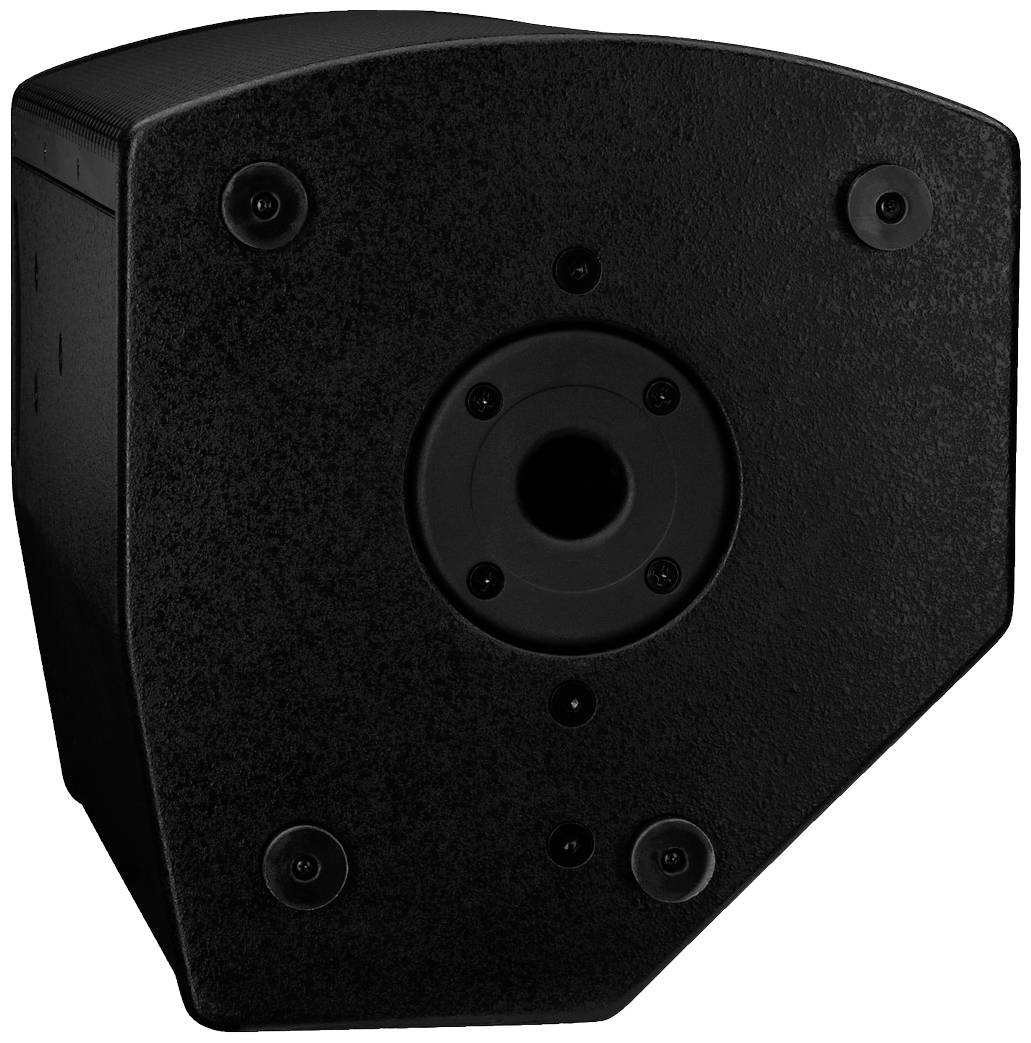 Ein schwarzes, dreieckig geformtes Gerät mit kreisförmiger Öffnung in der Mitte, vermutlich eine Kamera oder ein Sensor.