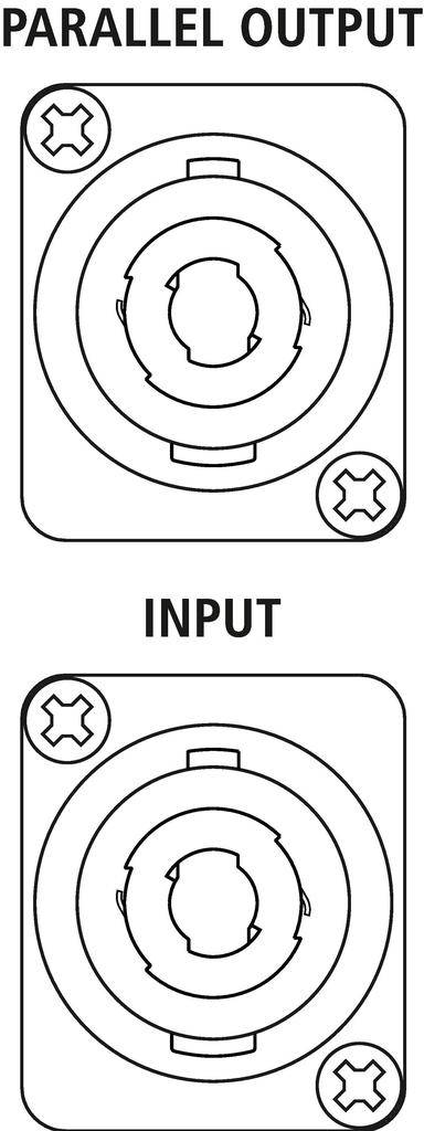 'Parallel Output' und 'Input': Diagramm zeigt zwei XLR-Buchsen, oben für parallelen Ausgang, unten für Eingang, symbolisiert elektrische Anschlüsse.