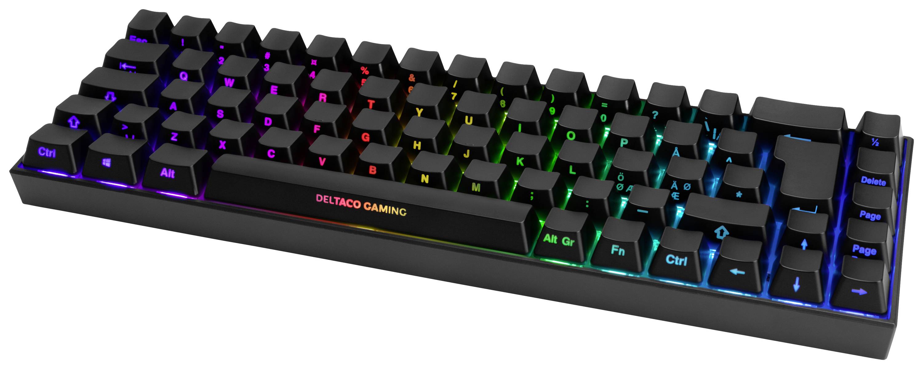 Schwarze mechanische Gaming-Tastatur mit RGB-Hintergrundbeleuchtung. Tasten in verschiedenen Farben beleuchtet.