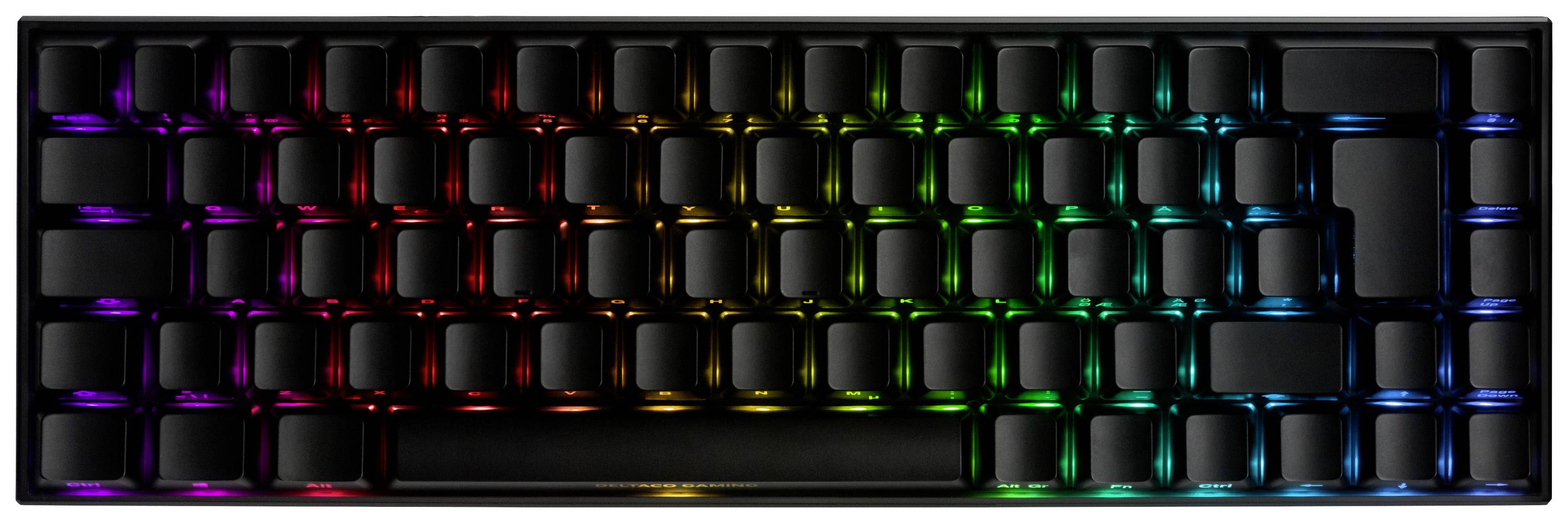 Schwarze Tastatur mit bunten Regenbogen-LEDs unter den Tasten.