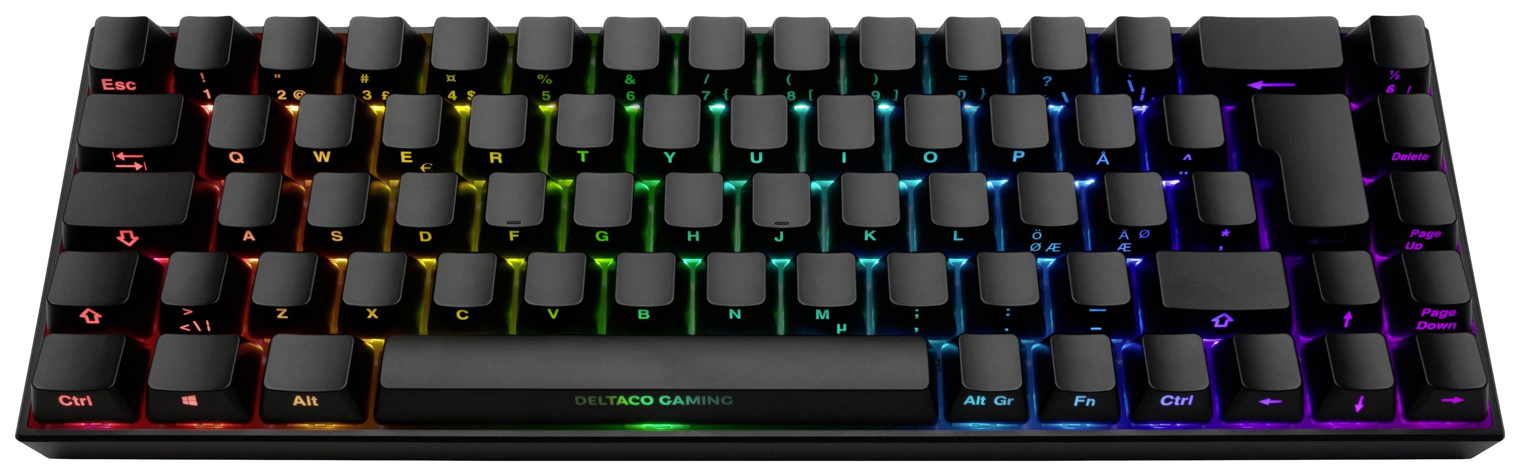 Schwarze mechanische Tastatur mit Regenbogen-LED-Hintergrundbeleuchtung. Kompaktes Design ohne Nummernblock.