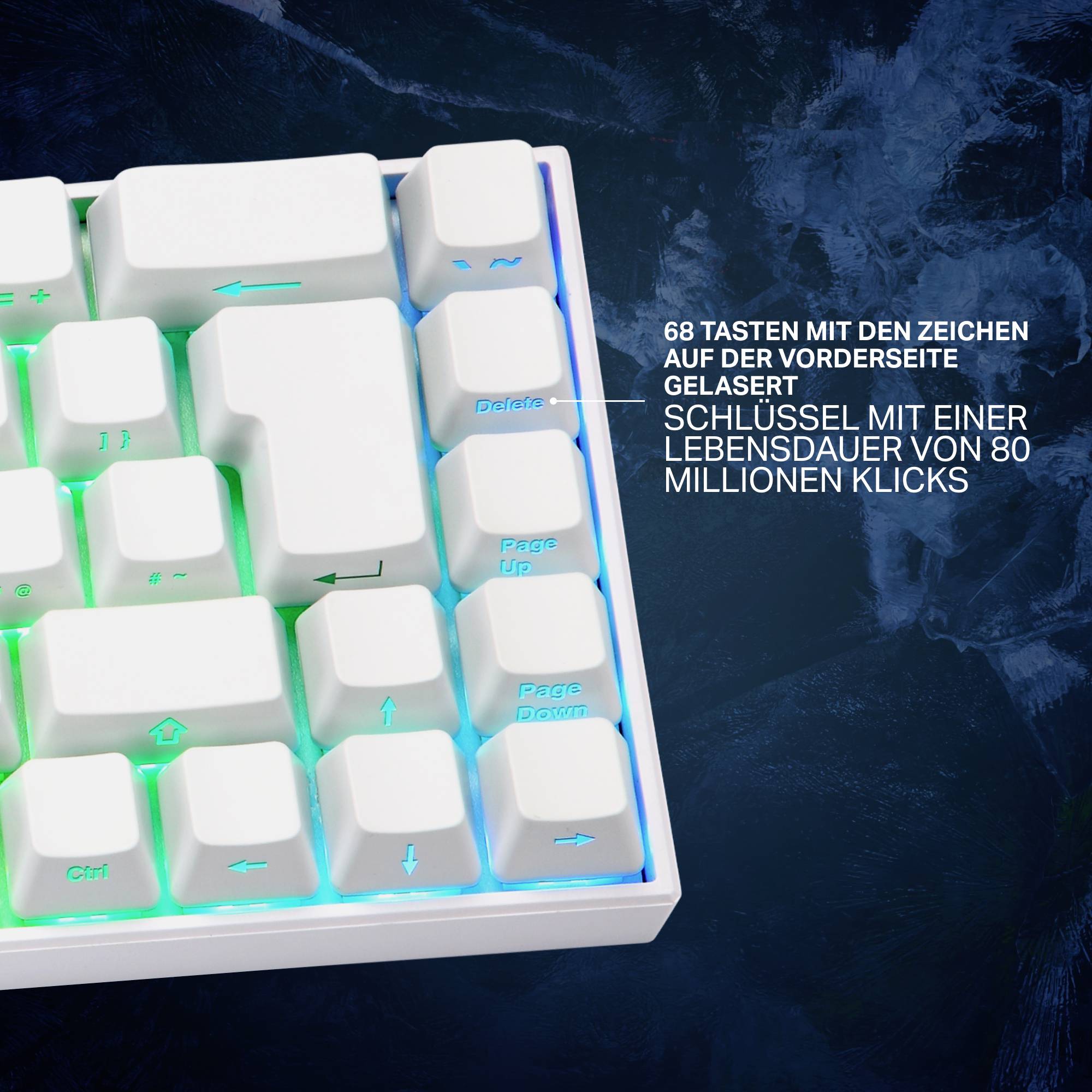 DELTACO GAMING WK95R Kabellos, Bluetooth®, Kabelgebunden Gaming-Tastatur Deutsch, QWERTZ Weiß Beleuchtet, Switch: Red