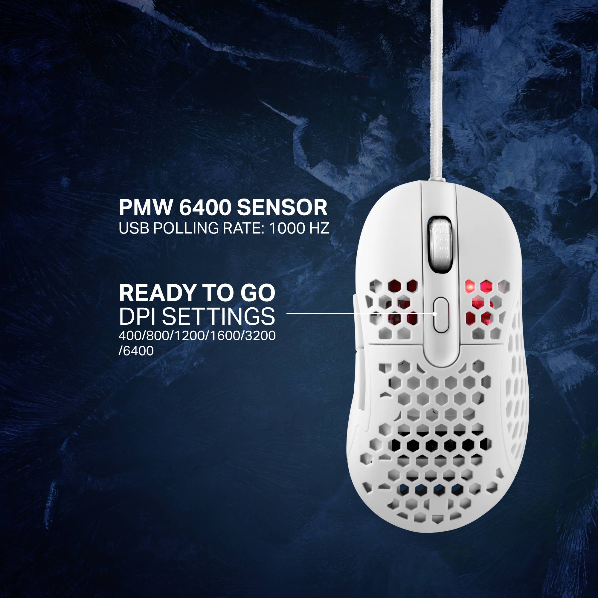 DELTACO GAMING WM85 Gaming-Maus Kabelgebunden Optisch Weiß 6 Tasten 400 dpi, 800 dpi, 1200 dpi, 1600 dpi, 3200 dpi, 6400 dpi Beleuchtet