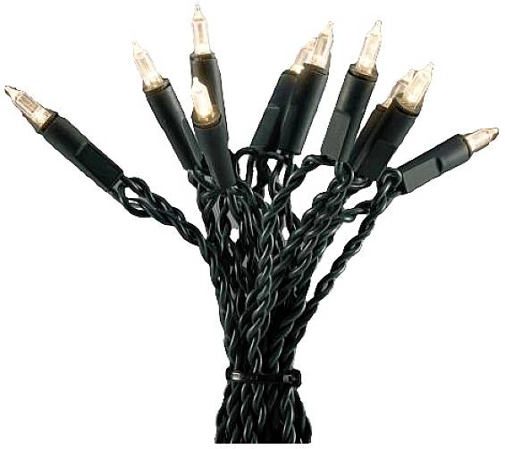 Ein Bündel von acht klaren Mini-Lichterketten mit grünen Kabeln, die häufig zur Weihnachtsdekoration verwendet werden.