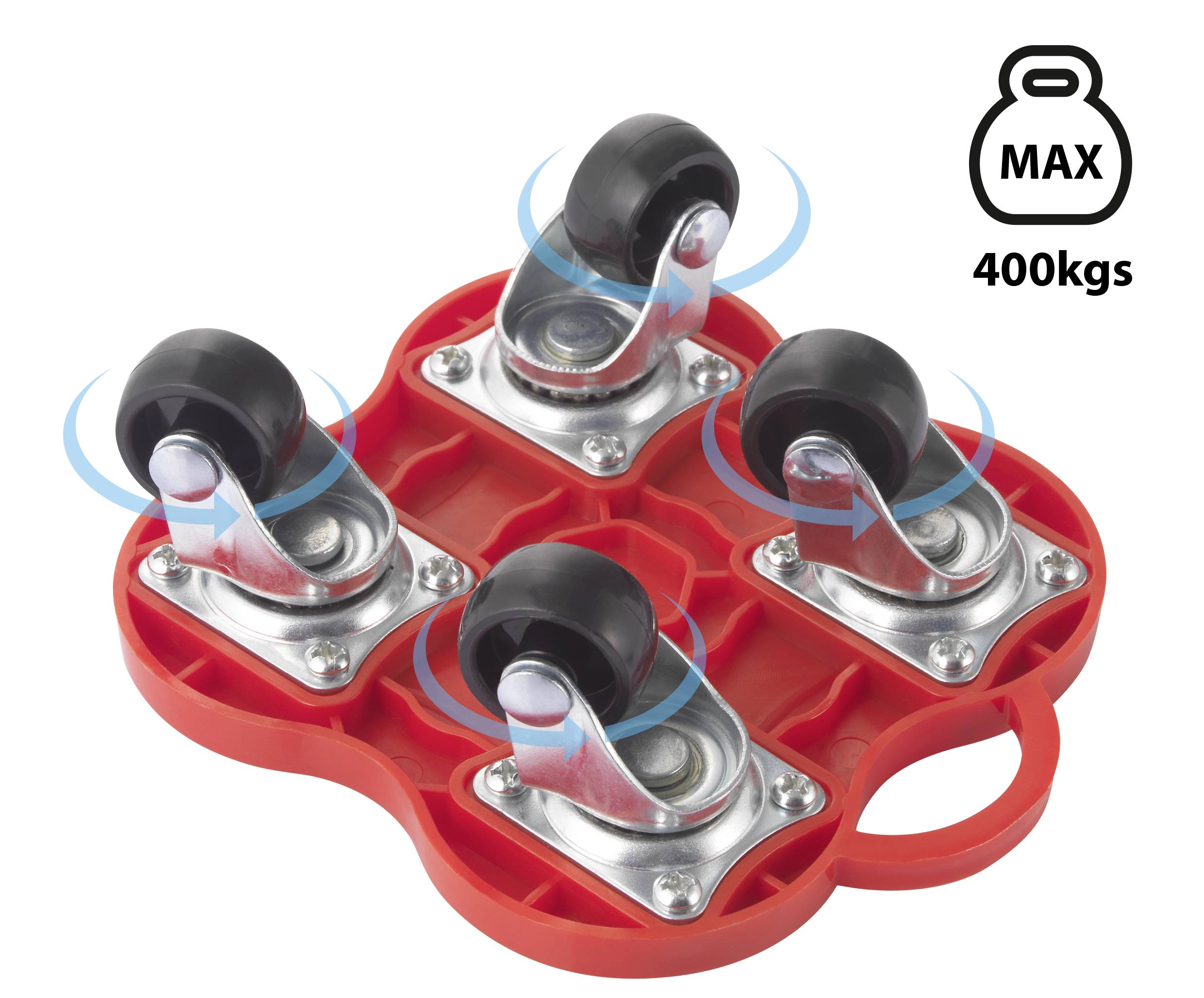 Roter Transportroller mit vier drehbaren Rollen, geeignet für Lasten bis 400 kg, Gewichtssymbol mit der Aufschrift 'MAX 400kgs'.