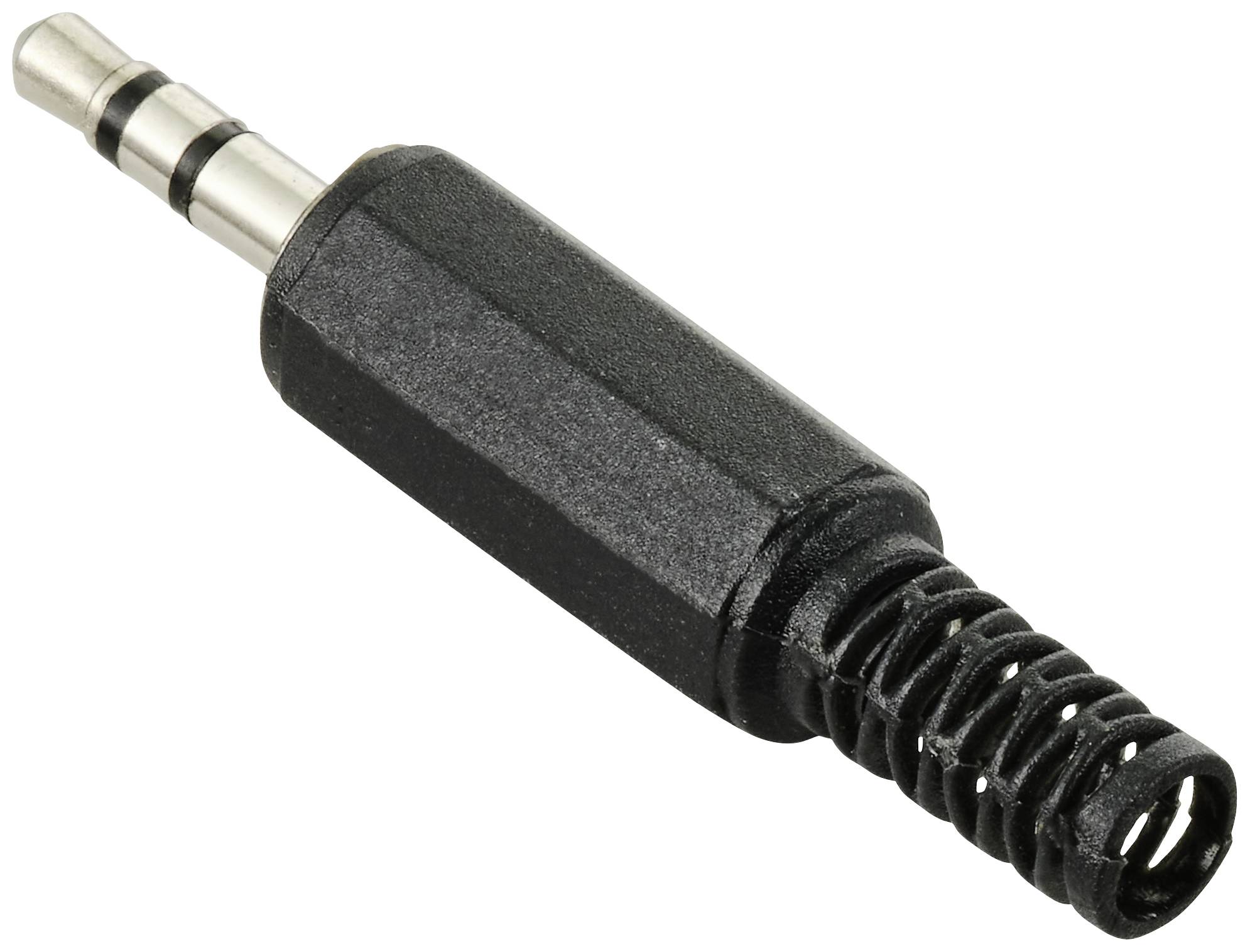 Schwarzer 3,5-mm-Klinkenstecker für Audiogeräte, typisch für Kopfhörer und Lautsprecherverbindungen.