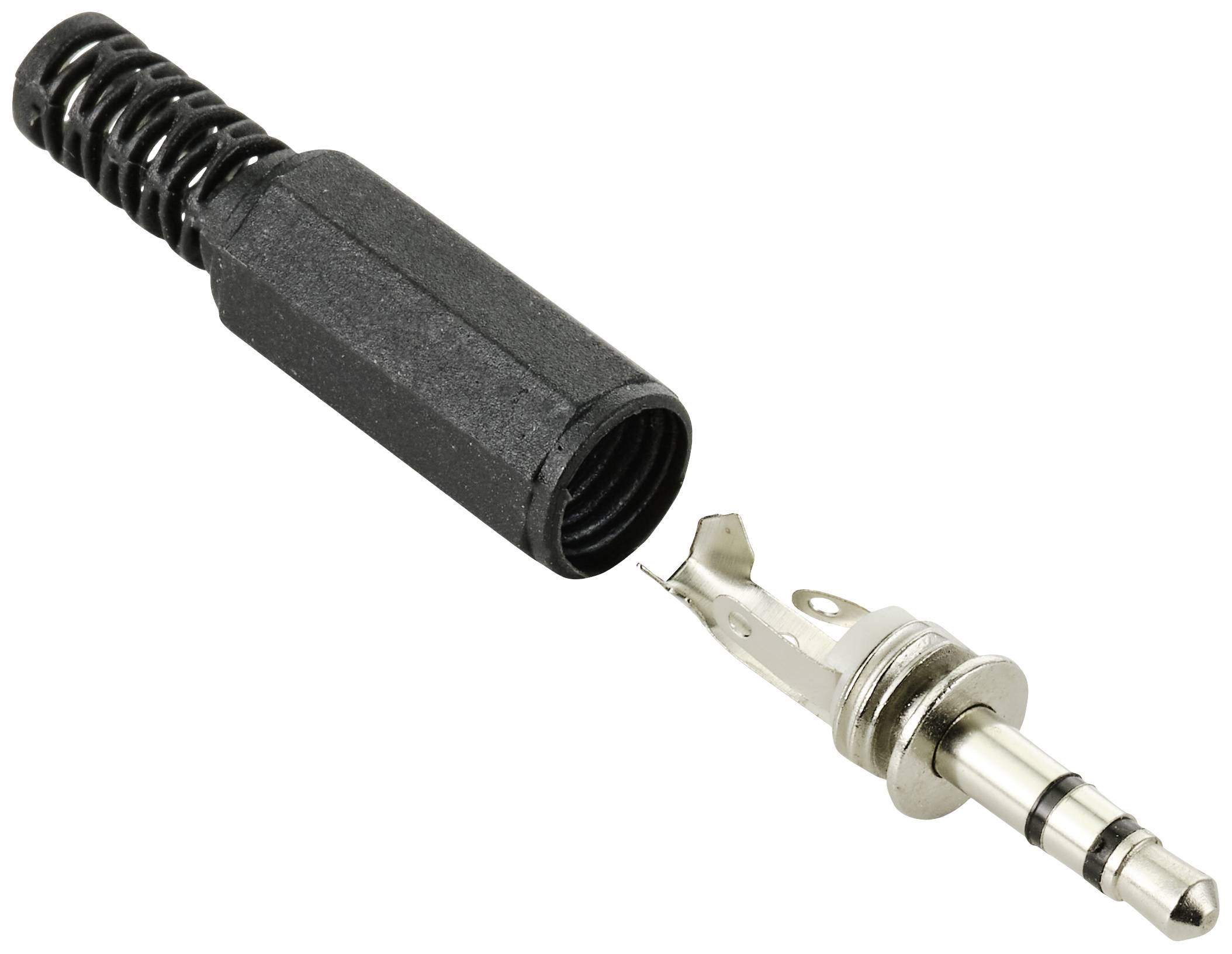 Ein auseinandergebauter 3,5-mm-Klinkenstecker. Rechte Seite zeigt die Metallspitze mit zwei Ringen, linke Seite zeigt die schwarze Plastikhülle.