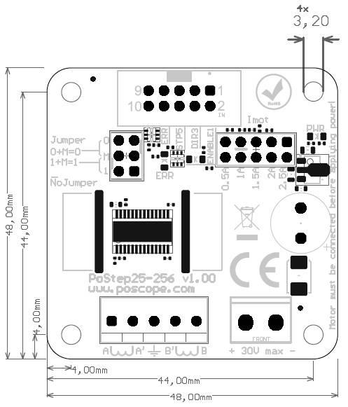 Zeichnung eines elektrischen Schaltplans mit Abmessungen in mm und Beschriftungen von Anschlüssen und Bauteilen, z. B. Jumper 0 = Hi.