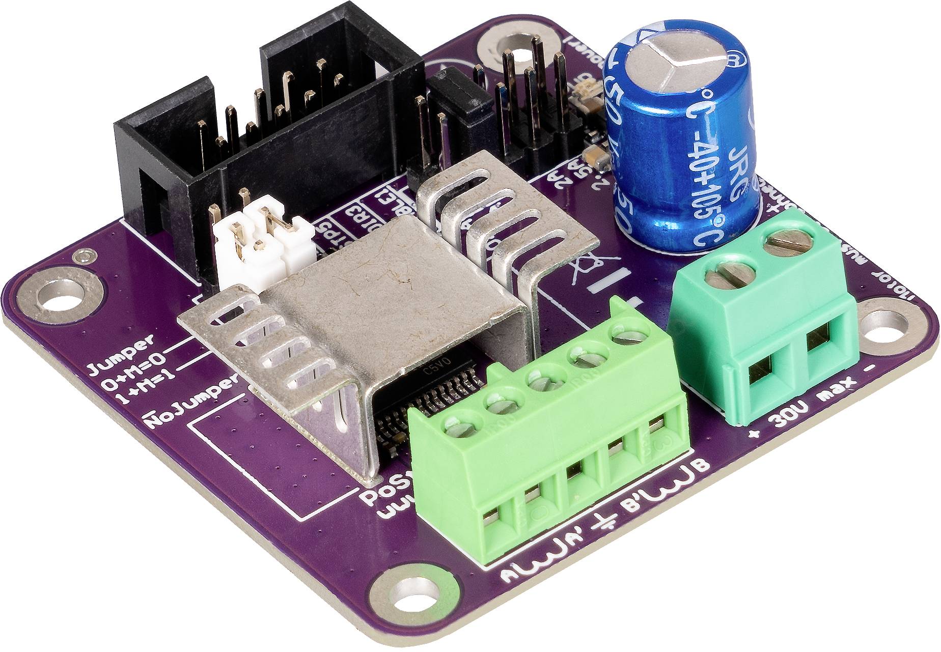 Ein lila Elektronikmodul mit einem blauen Kondensator, grüne Anschlussklemmen und mehreren Steckverbindungen auf einer Platine.