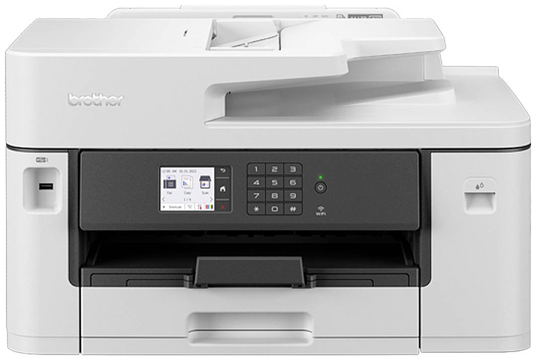 Ein weißer Multifunktionsdrucker mit Bedienfeld und Display in der Mitte. Oberes Fach zeigt Papierzuführungsbereich.