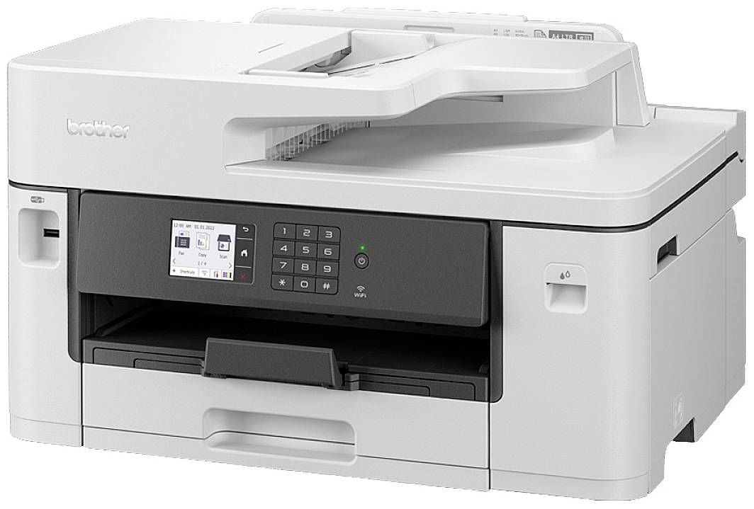 Ein weißer Multifunktionsdrucker mit Bedienfeld und Papiereinzug. Geeignet für Drucken, Scannen und Kopieren in Büroumgebungen.