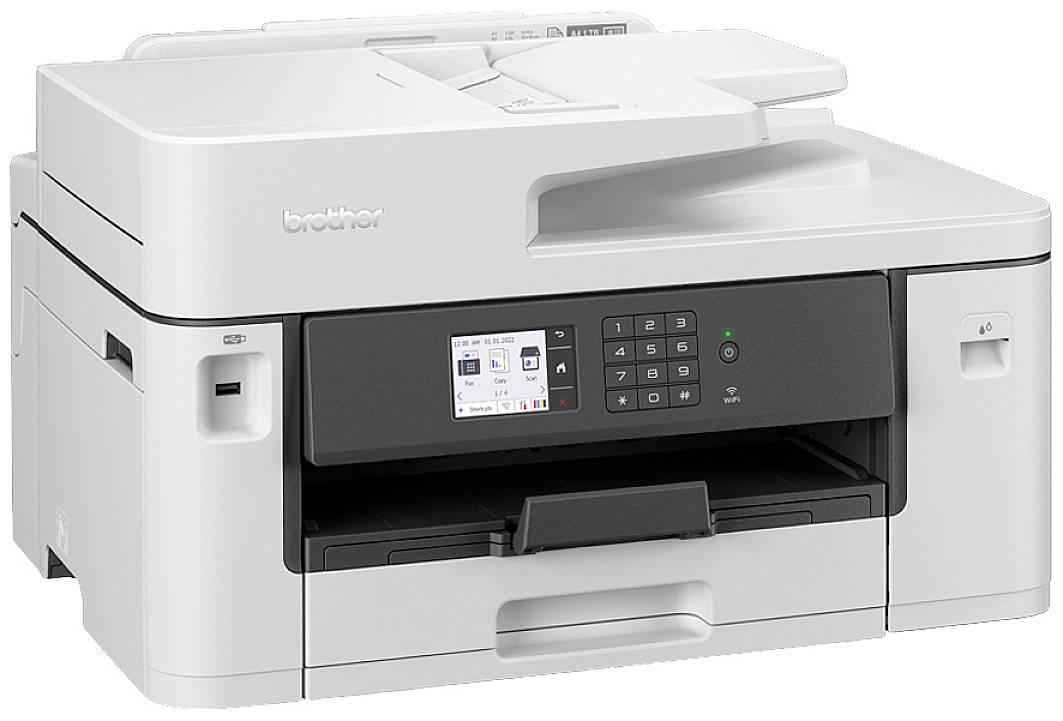 Ein Multifunktionsdrucker mit Bedienfeld auf der Vorderseite und Papierausgang unten. Geeignet für Drucken, Scannen und Kopieren.