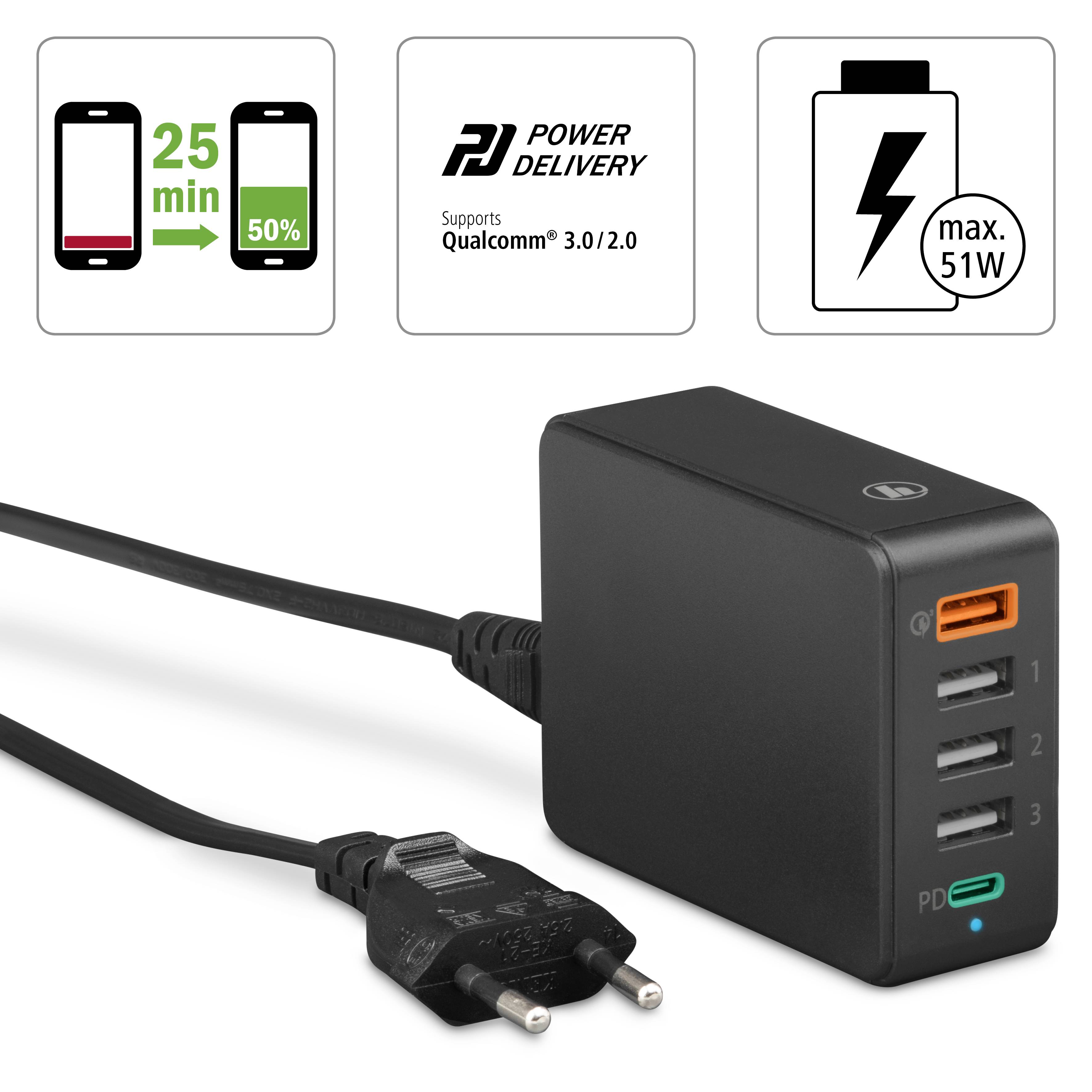 Hama USB-Ladestation 51 W Innenbereich, Steckdose Anzahl Ausgänge: 5 x USB-C® Buchse (Power Delivery), USB-A, USB 3.0