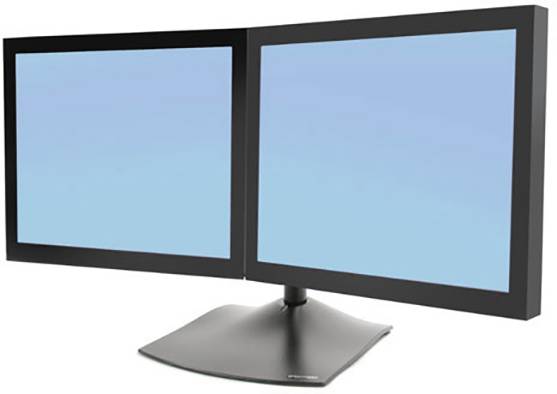 Zwei schwarze LCD-Monitore nebeneinander auf einem gemeinsamen Standfuß, zeigen leere blaue Bildschirme.