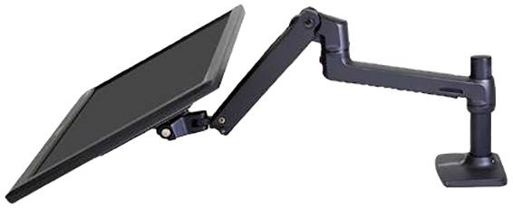 Ein schwarzer Monitorhalter mit verstellbarem Arm, der einen Bildschirm hält, ist seitlich auf einem Tisch montiert.