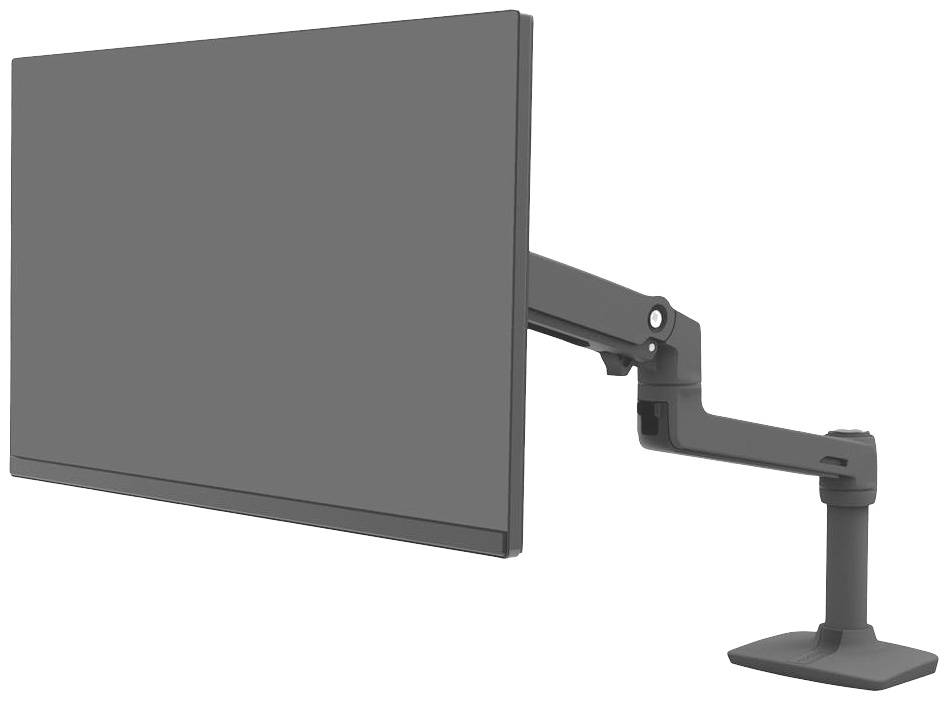 Ein Monitor mit einem flexiblen, verstellbaren Arm, der an einem Tisch montiert ist, ermöglicht verschiedene Blickwinkel.