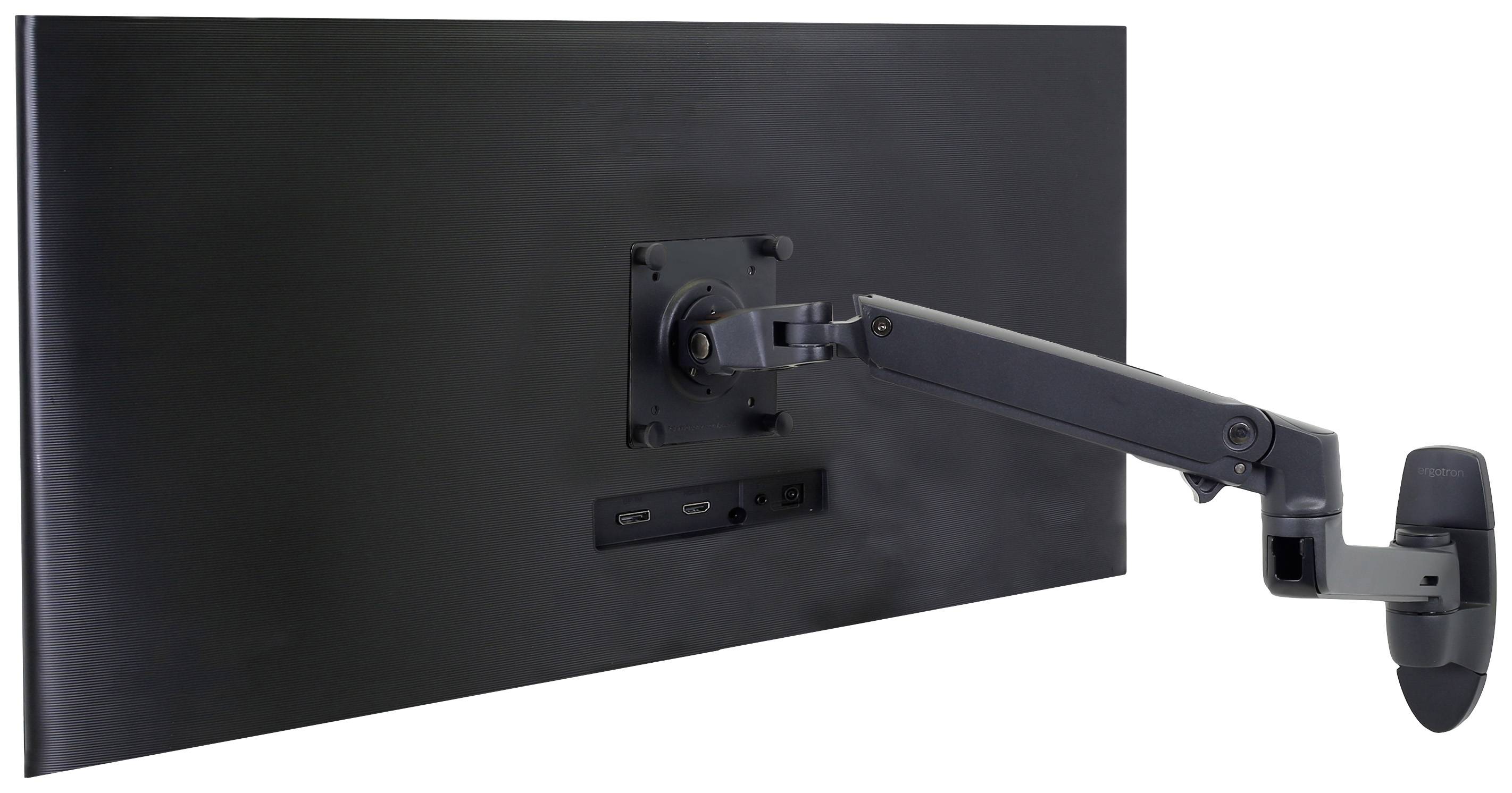 Rückseite eines Monitors mit einem schwenkbaren Arm, an dem der Bildschirm befestigt ist. Anschlüsse sichtbar: HDMI und DisplayPort.