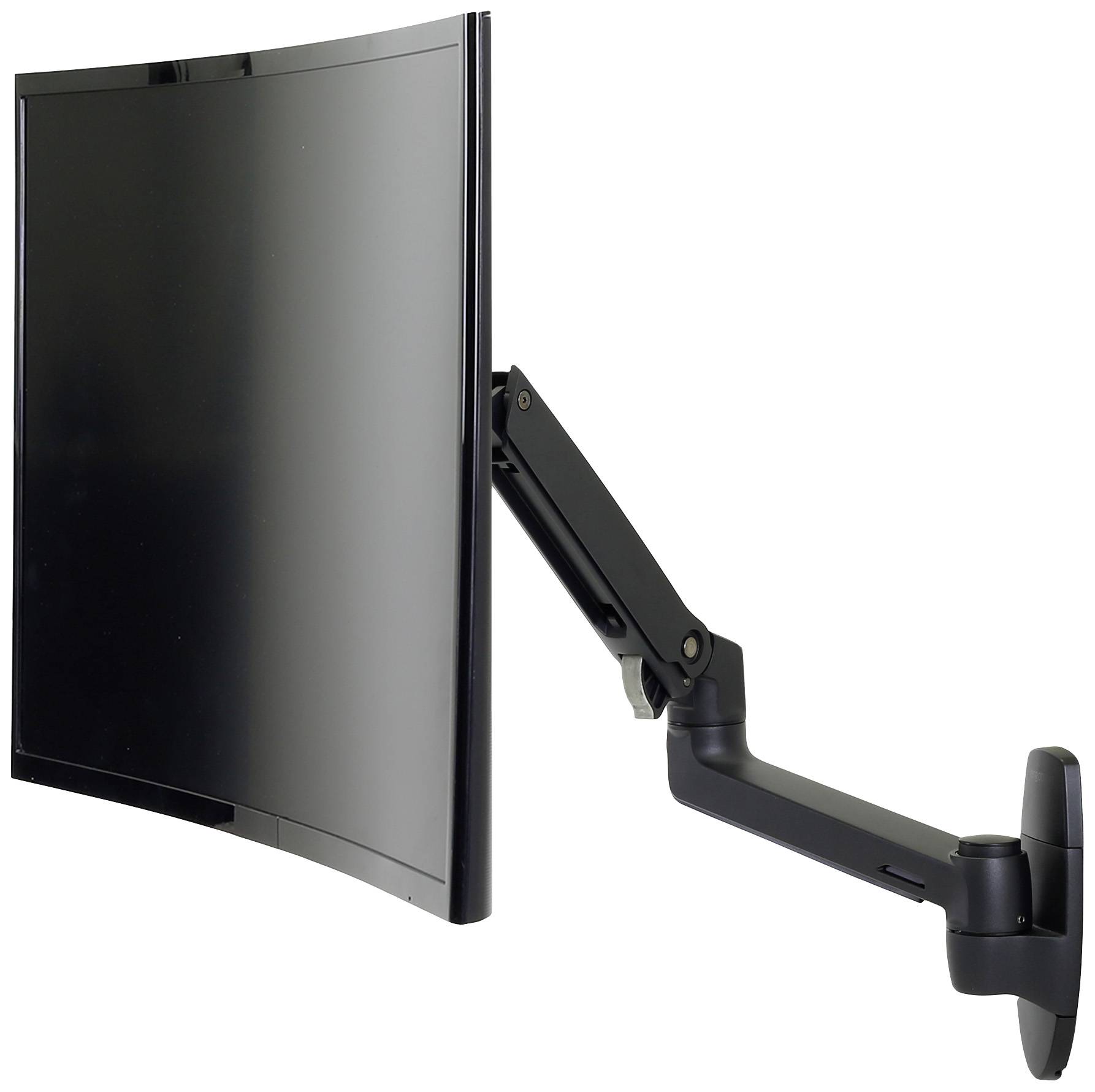 Ein gebogener Computermonitor an einem flexiblen Schwenkarm, der an der Wand montiert ist.